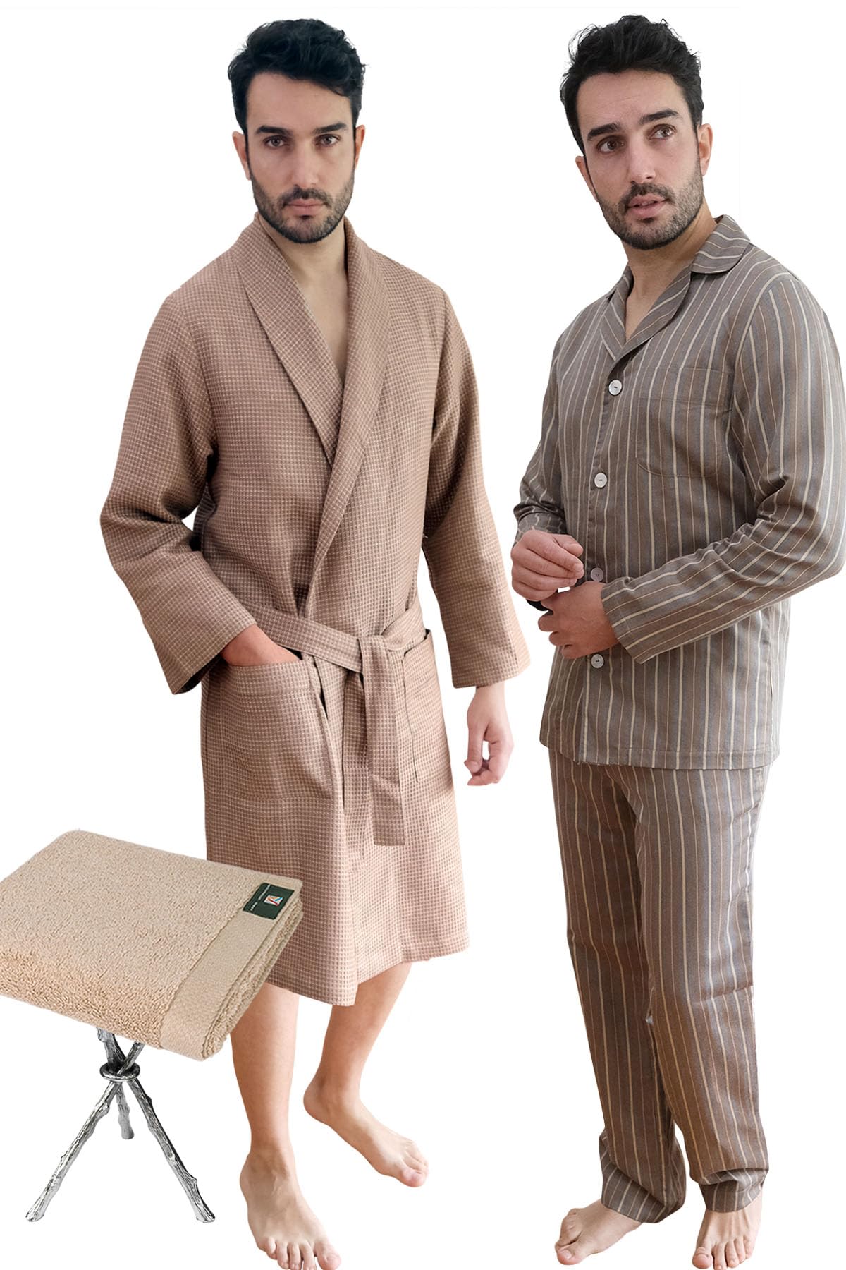 Premium Men's Pajama Set with Bathrobe & Hand Towel - 3-Piece Luxury Sleepwear Collection | European Crafted Cotton Loungewear for Relaxation & Spa Days