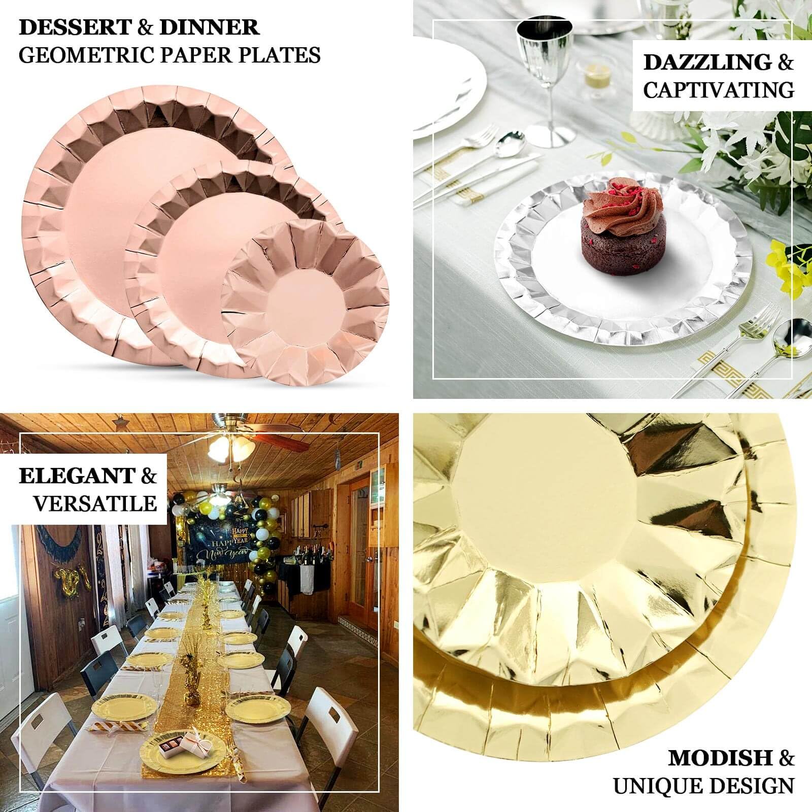 Efavormart 25 Pack 9 Inch Geometric Metallic Gold Foil Disposable Dinner Plates - Heavy Duty 400 GSM for Birthday Parties, Weddings & Holiday Celebrations