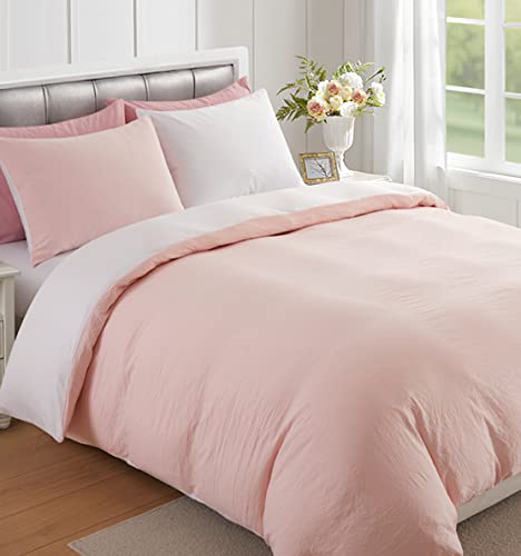 Reversible Duvet Cover 1 Piece - 800 Thread Count 100% Egyptian Cotton Comforter Cover, White & Pink, Twin XL (68