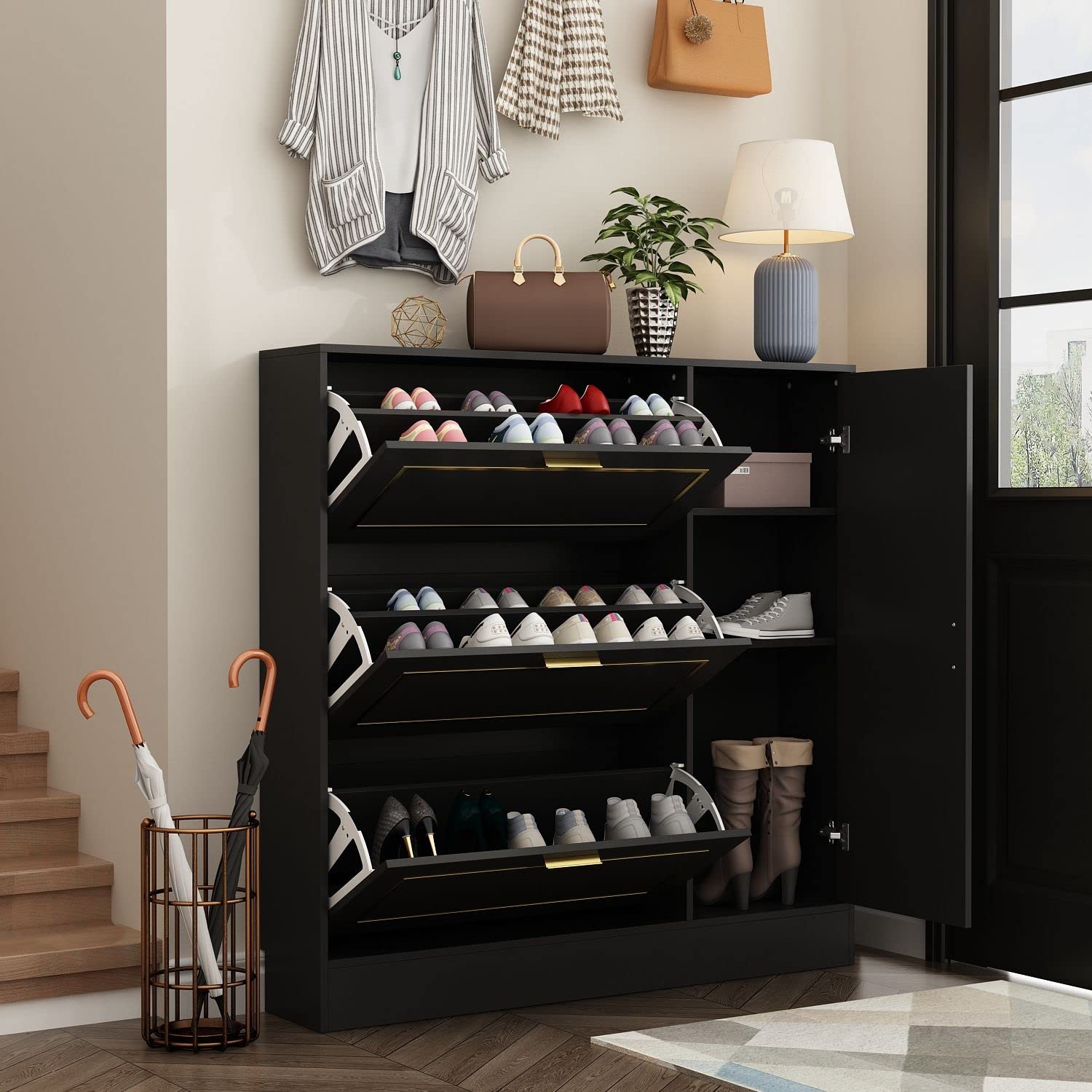 FAMAPY 3-Tier Shoe Storage Cabinet with Flip Drawers & Locker - Wooden Entryway Shoe Organizer for Hallway, Closet or Bedroom - Black and Gold Modern Design (47.2”W x 9.5”D x 47.2”H) - Perfect for Small Spaces, Apartment Living & Shoe Organization