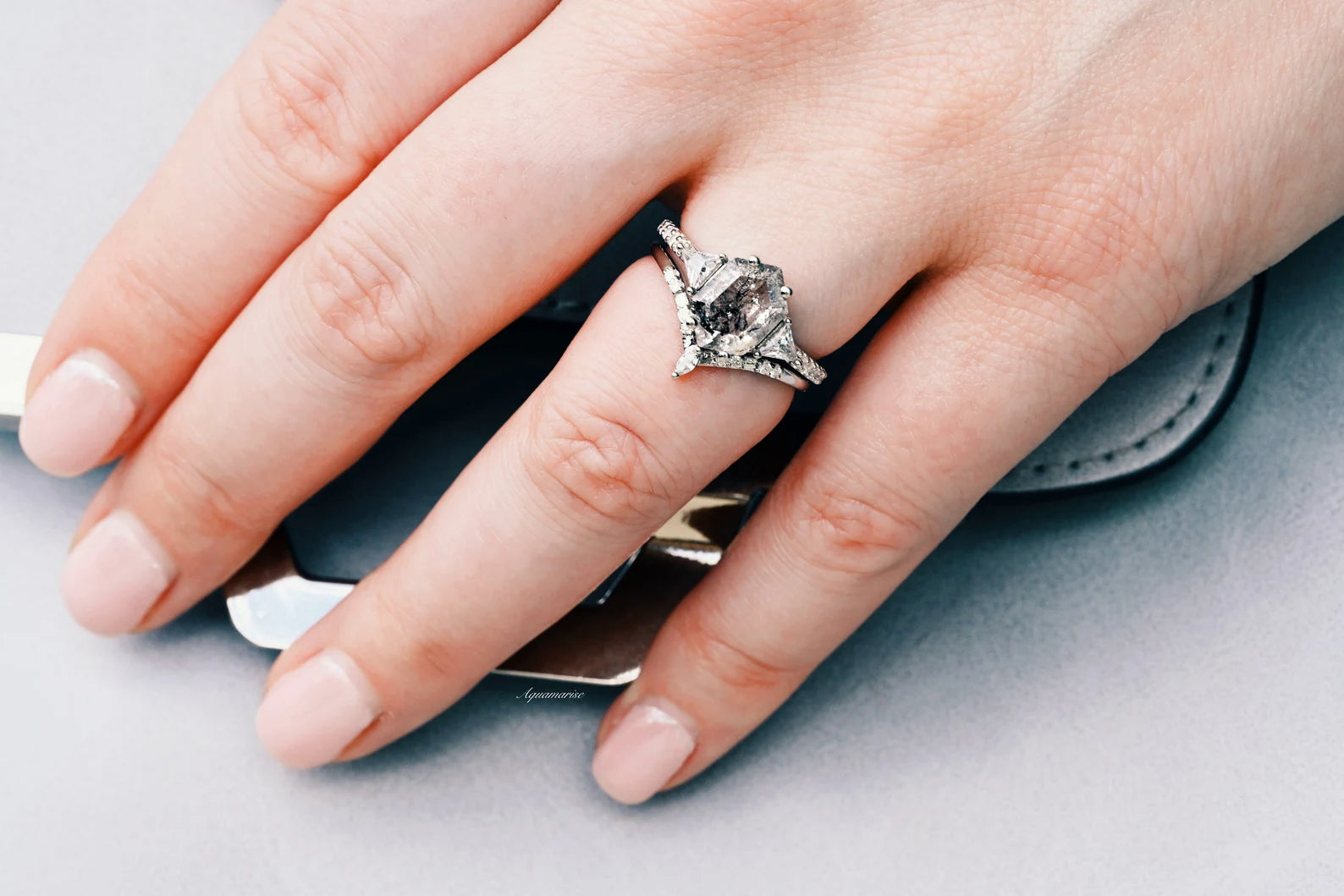 Galaxy Raw Salt & Pepper Diamond (Herkimer Diamond) Hexagon Ring Set - 925 Sterling Silver Jewelry for Women - Perfect for Weddings, Anniversaries & Special Occasions