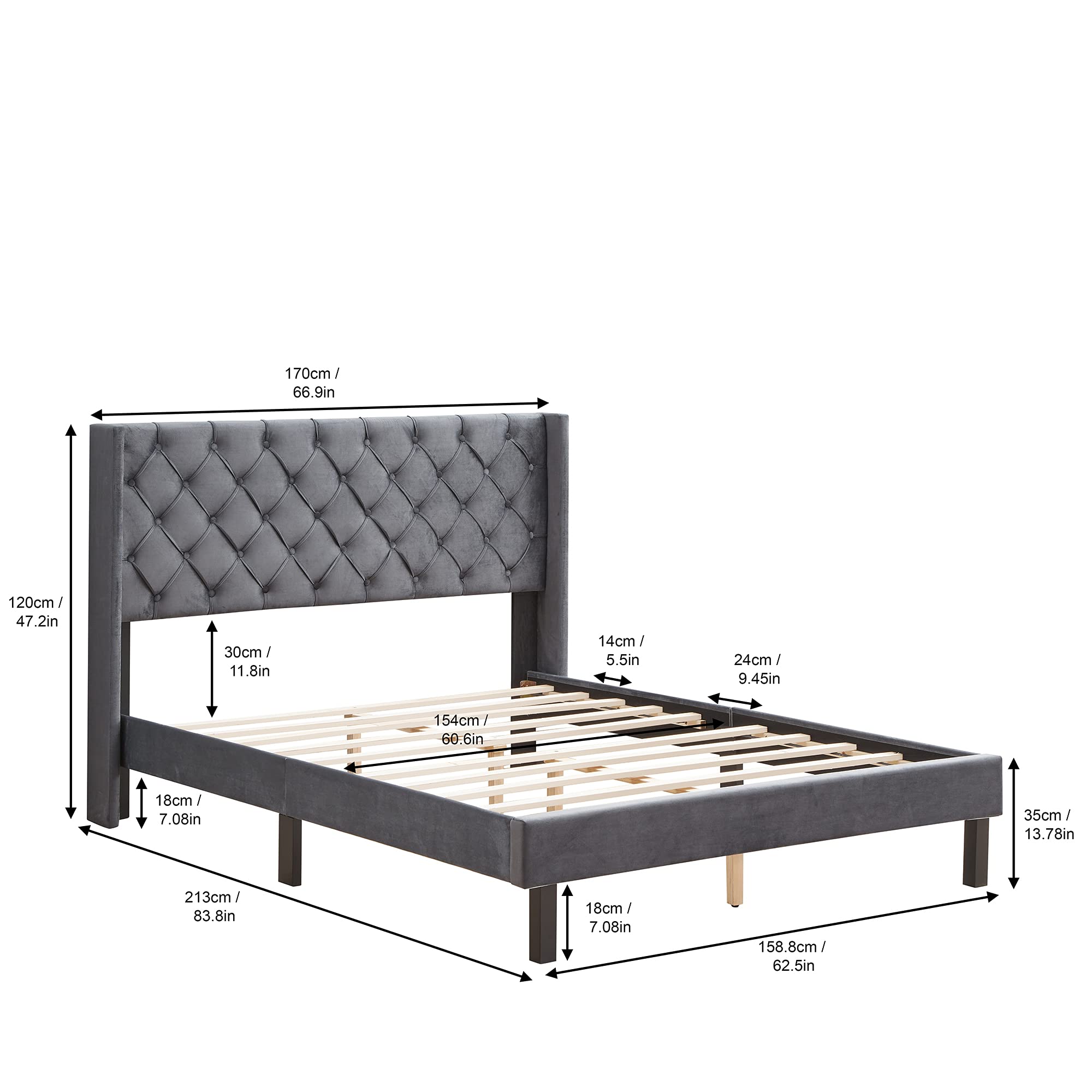 KLMM Queen Size Upholstered Bed Frame with Wooden Slat Support - Classic Diamond Stitched Button Tufted Headboard, Charcoal Gray Velvet Upholstery, Linen Fabric Platform Bed - Perfect for Master Bedroom, Guest Room & Modern Home Decor