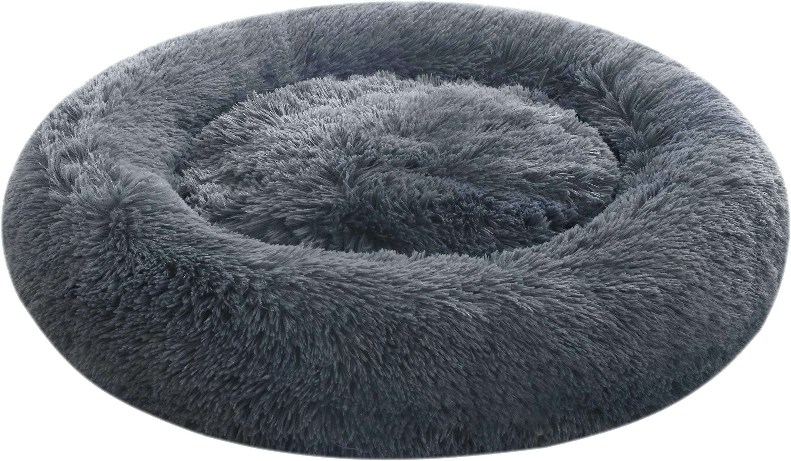 28 Inch Calming Donut Dog Bed - Round Anti-Anxiety Pet Bed with Removable Washable Cover, Soft Faux Fur Cuddler for Small to Medium Dogs - Fluffy Comfy Bed for Anxiety Relief & Cozy Napping (Dark Grey) - Perfect for Crates, Living Rooms & Bedrooms