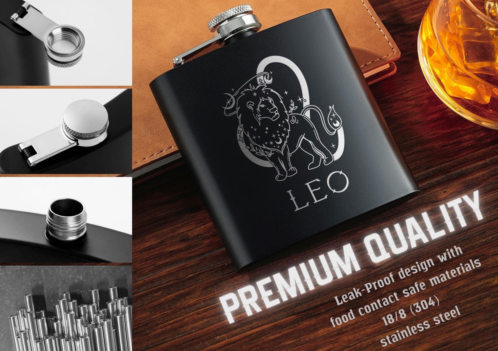 Onebttl Zodiac Themed Stainless Steel Hip Flask 6oz - Leo Horoscope Gift for Men & Women - Perfect for Birthday Presents, Party Favors & Outdoor Adventures