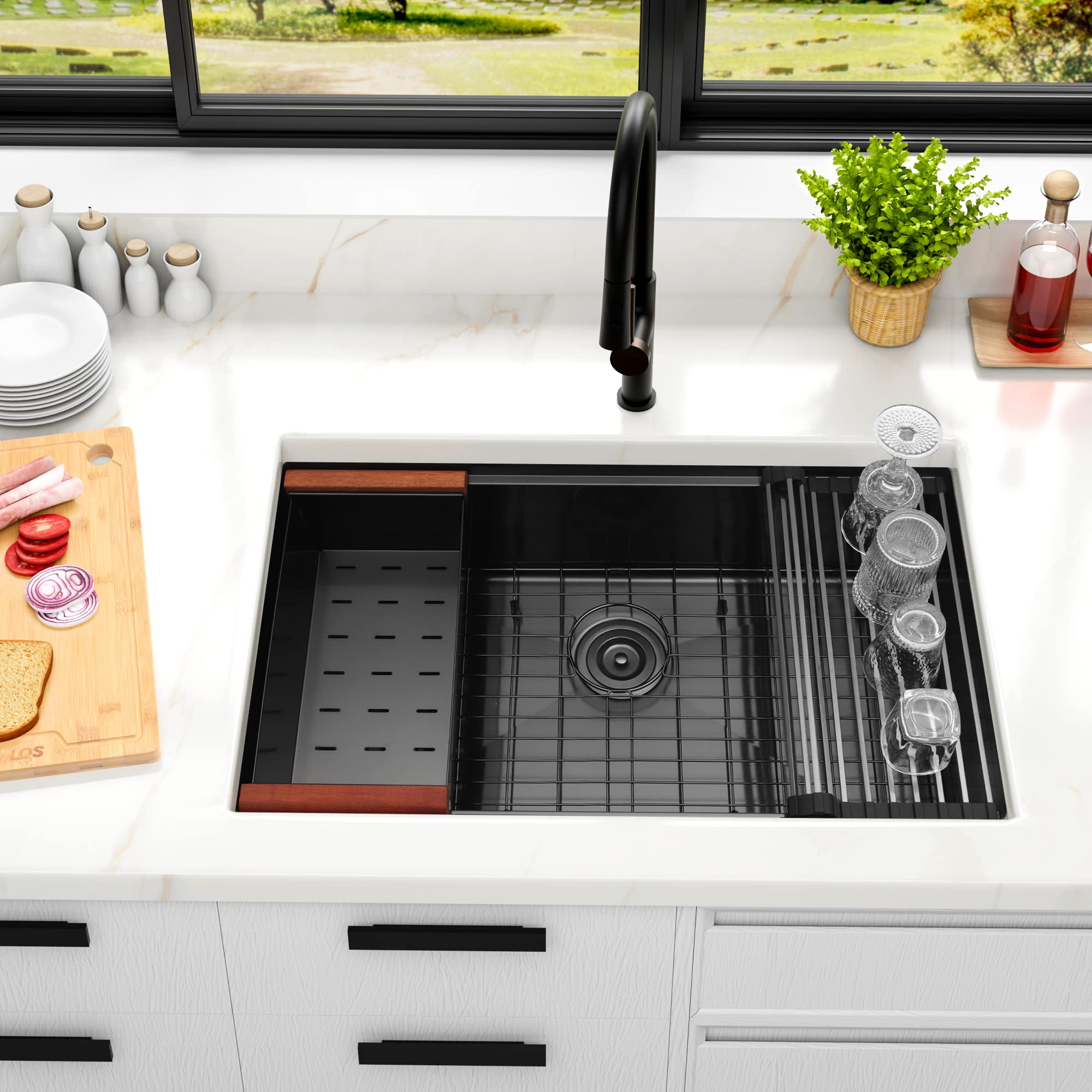 LQS 32 Inch Black Undermount Kitchen Sink - 16 Gauge Stainless Steel Workstation Sink with Accessories (32”x19”) | Deep Single Bowl for Modern Kitchens | Perfect for Meal Prep, Dishwashing & Entertaining