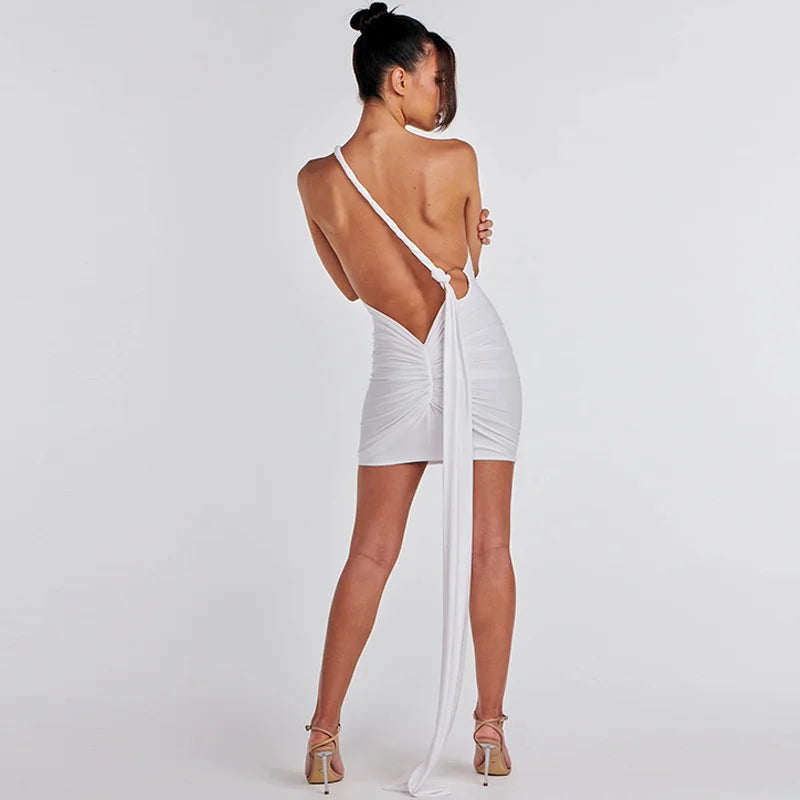 Sexy Backless Halter Mini Dress for Women - Fashion Metal Ring Sleeveless Pleated Bodycon Party Dress | Perfect for Night Out, Club Wear, and Special Occasions