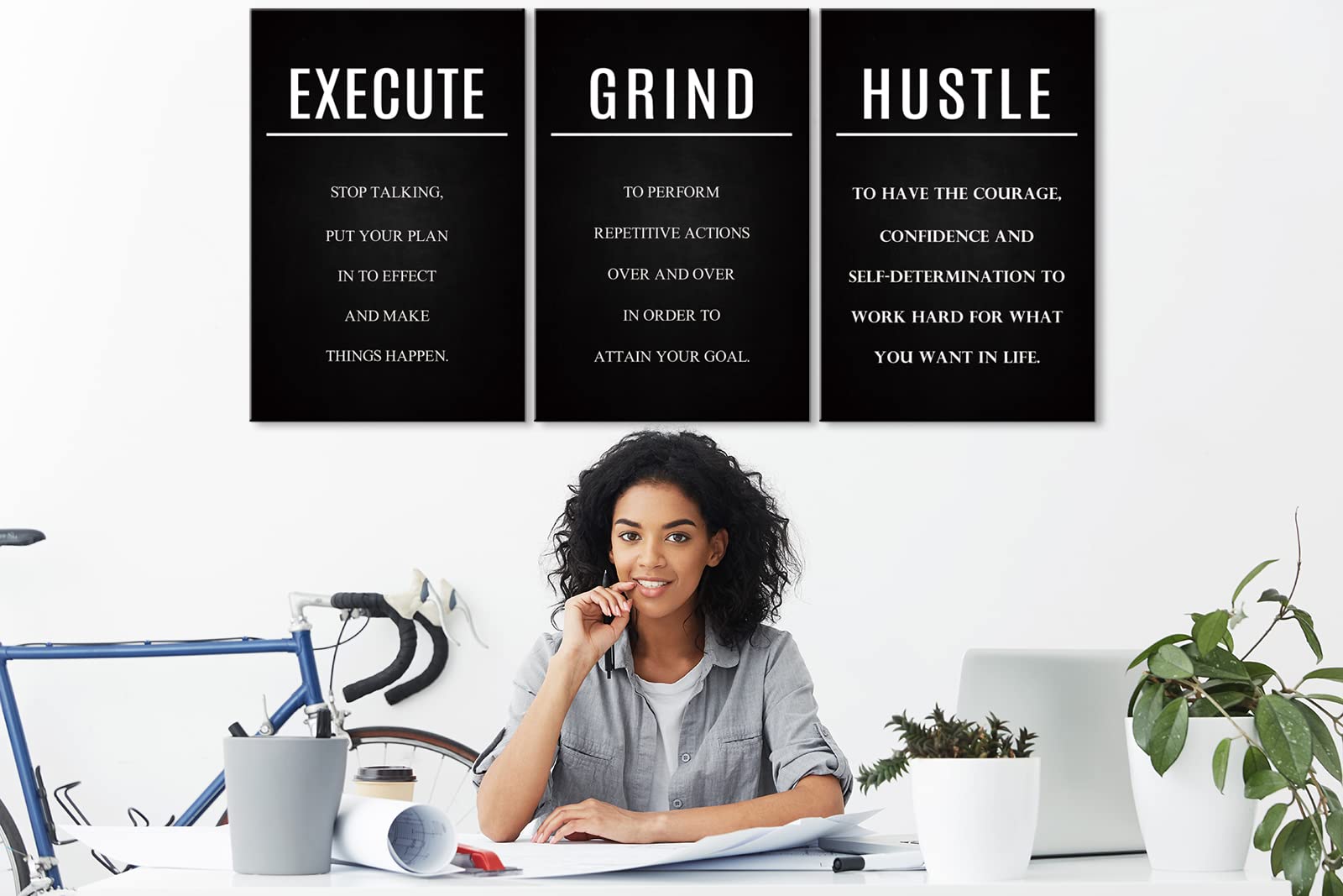 3-Piece Hustle Grind Execute Motivational Canvas Wall Art Set - Inspirational Quotes for Home, Office & Classroom Decor (20x28 Inches, Ready to Hang) - Perfect for Workspace Motivation & Productivity Boost