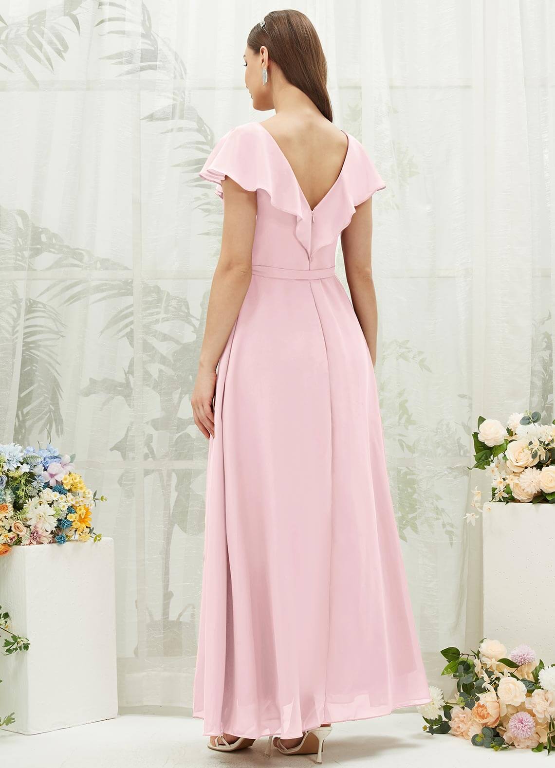 Elegant Blush Chiffon Bridesmaid Dress with Ruffle Sleeves & V-Neck - Perfect for Weddings, Formal Events & Special Occasions
