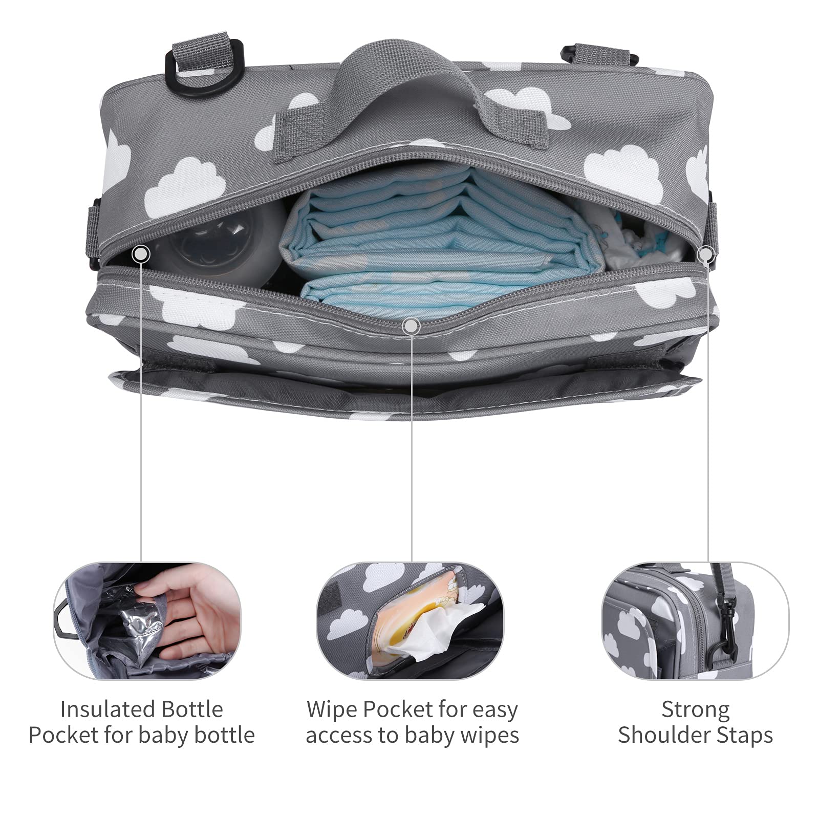 Portable Diaper Bag for Baby - Insulated Pocket, Stroller Hooks & Adjustable Strap - Universal Mini Tote Organizer Fits All Strollers (Gray) - Perfect for On-the-Go Parents, Travel & Daily Strolls
