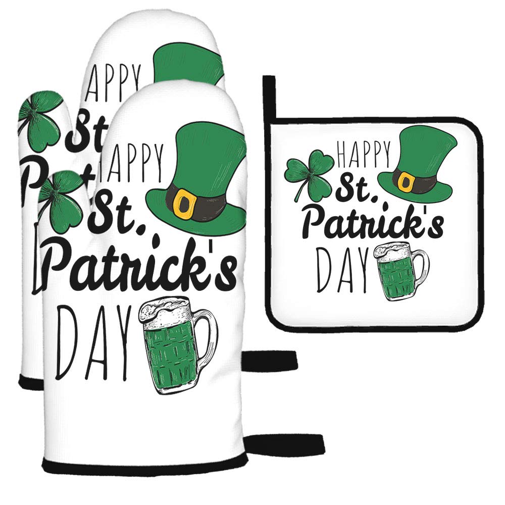 HOSNYE 3-Piece Oven Mitts and Pot Holders Set - Beer Festival Themed with Saint Patrick's Day Lettering - Heat Resistant BBQ Gloves for Kitchen Cooking, Baking, Grilling - Perfect for Holiday Parties, Outdoor Barbecues & Home Kitchen Use