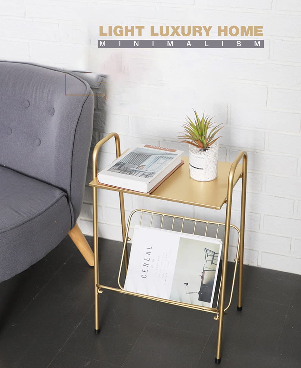 Porwayse Narrow Gold Side Table with Magazine Storage Rack - Slim Stainless Metal Accent End Table for Small Spaces, Bedside Nightstand - Perfect for Living Room, Bedroom, Dorm & Office Decor