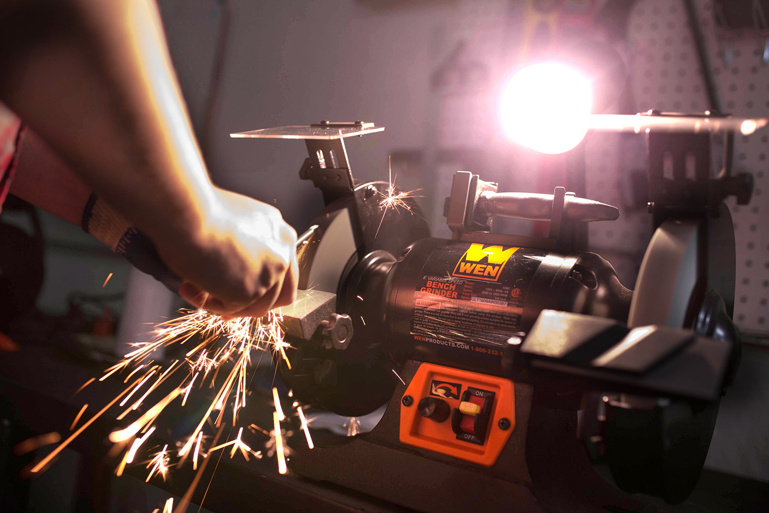 WEN BG4280 5-Amp 8-Inch Variable Speed Bench Grinder with Flexible Work Light - Black & Orange - Perfect for Metalworking, Woodworking, and DIY Projects