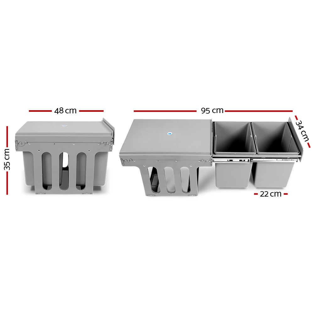 Cefito 2x15L Pull Out Trash Can - Dual Compartment Kitchen Waste Bin with Soft Close Drawer, Grey | Under Sink Organizer for Cabinets & Pantry Storage