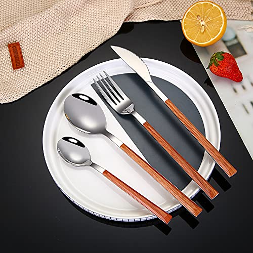 24-Piece Stainless Steel Silverware Set - Luxury Dinnerware Cutlery with Imitation Marble Wood Grain Handle (Knife, Fork, Spoon) - Elegant Table Setting for Weddings, Parties & Fine Dining (White)