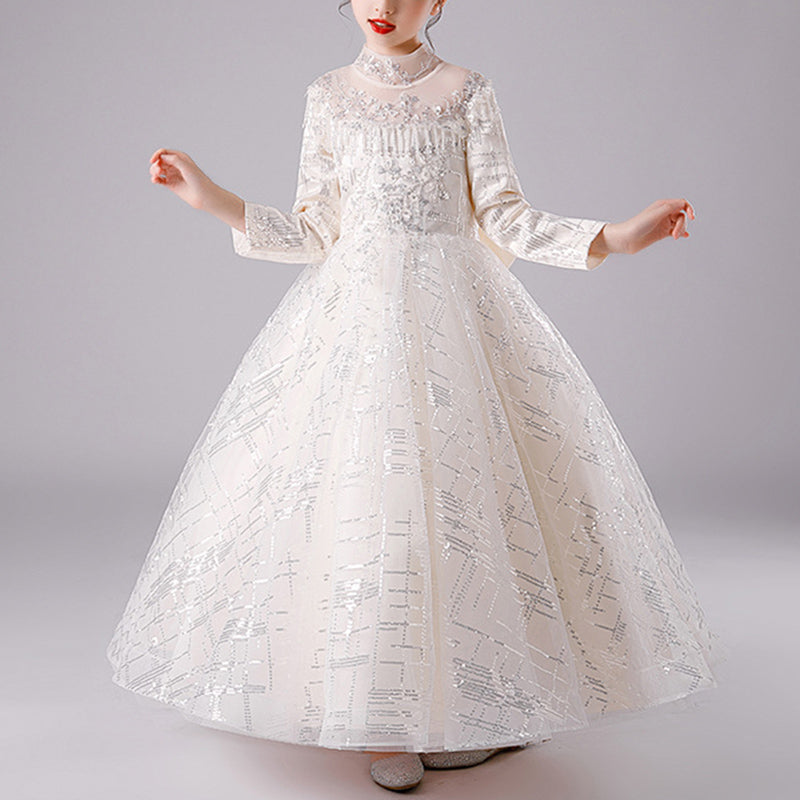 Elegant Champagne Tulle Flower Girl Dress with Long Sleeves & Delicate Lace Sequins - Perfect for Weddings, Pageants & Special Occasions