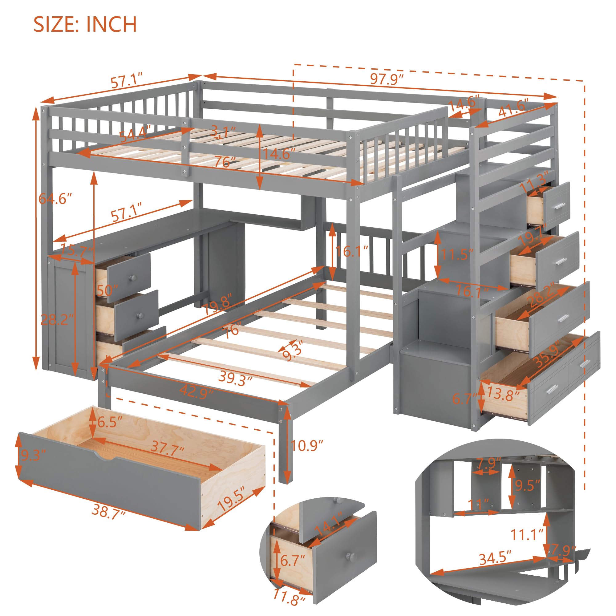 SOFTSEA Solid Wood Full Over Full Bunk Bed Frame with Built-in Desk, Staircase & Storage Drawers - Sturdy, Noise-Free, No Box Spring Needed - Grey - Perfect for Kids' Bedroom, Guest Room & Space-Saving Solutions