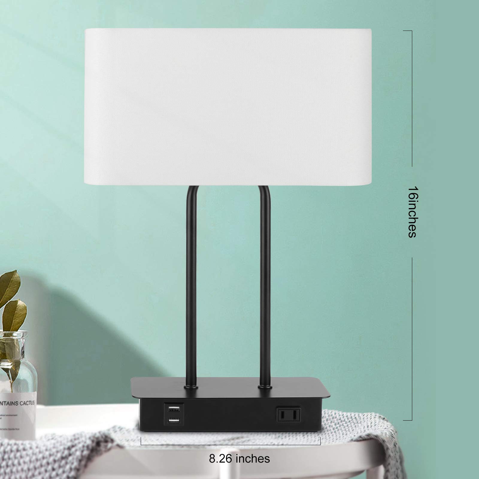 Modern Touch Control Table Lamp with Dual USB Ports & AC Outlet - 3-Way Dimmable Nightstand Lamp with White Fabric Shade, 5000K LED Bulb - Perfect for Bedroom, Living Room, Office & Study Desk Lighting