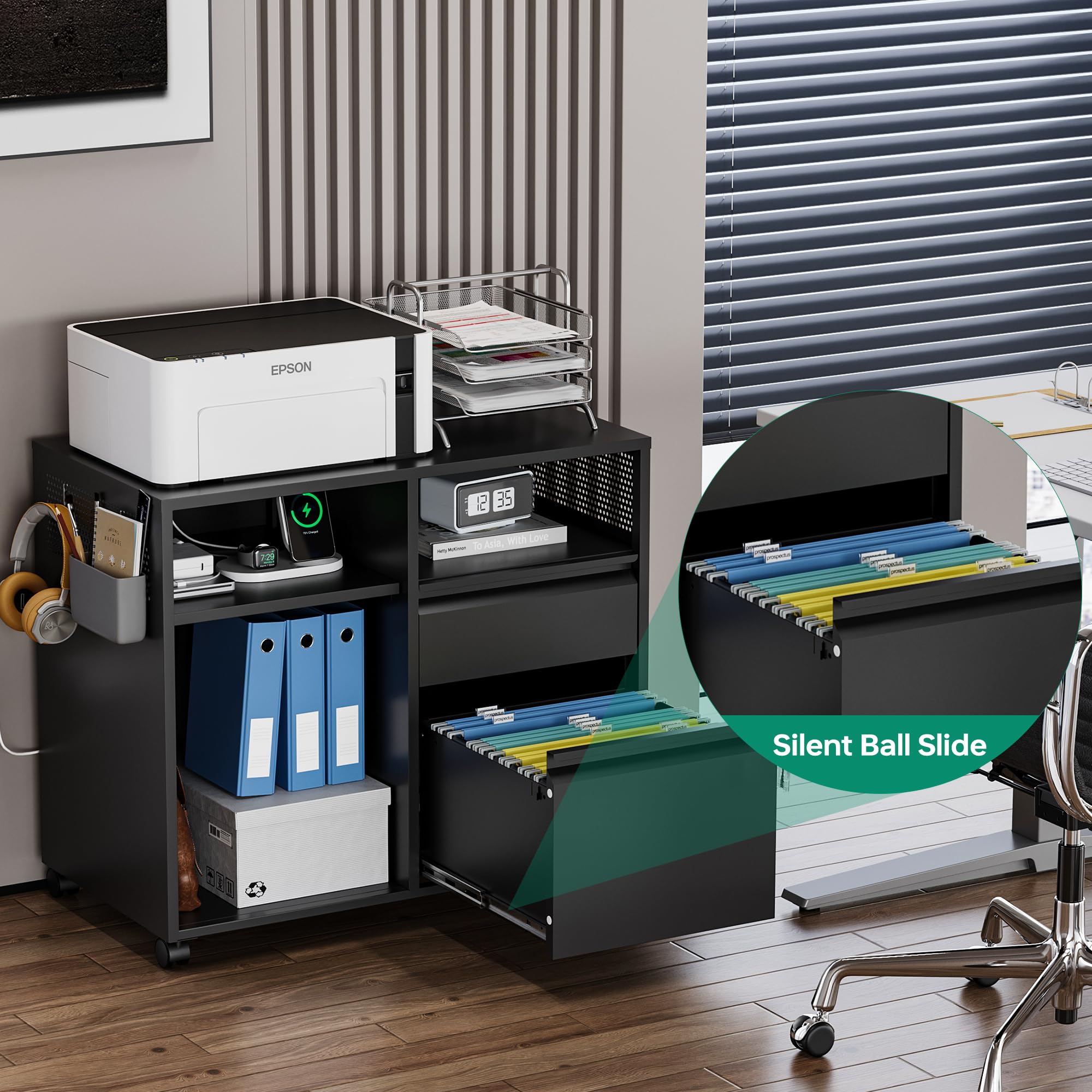 Letaya Mobile File Cabinet - Metal Lateral Rolling Printer Stand with Shelves for Home Office Storage - Organize A4/F4/Letter Size Documents - Perfect for Office, Study Room or Home Workspace (Black)