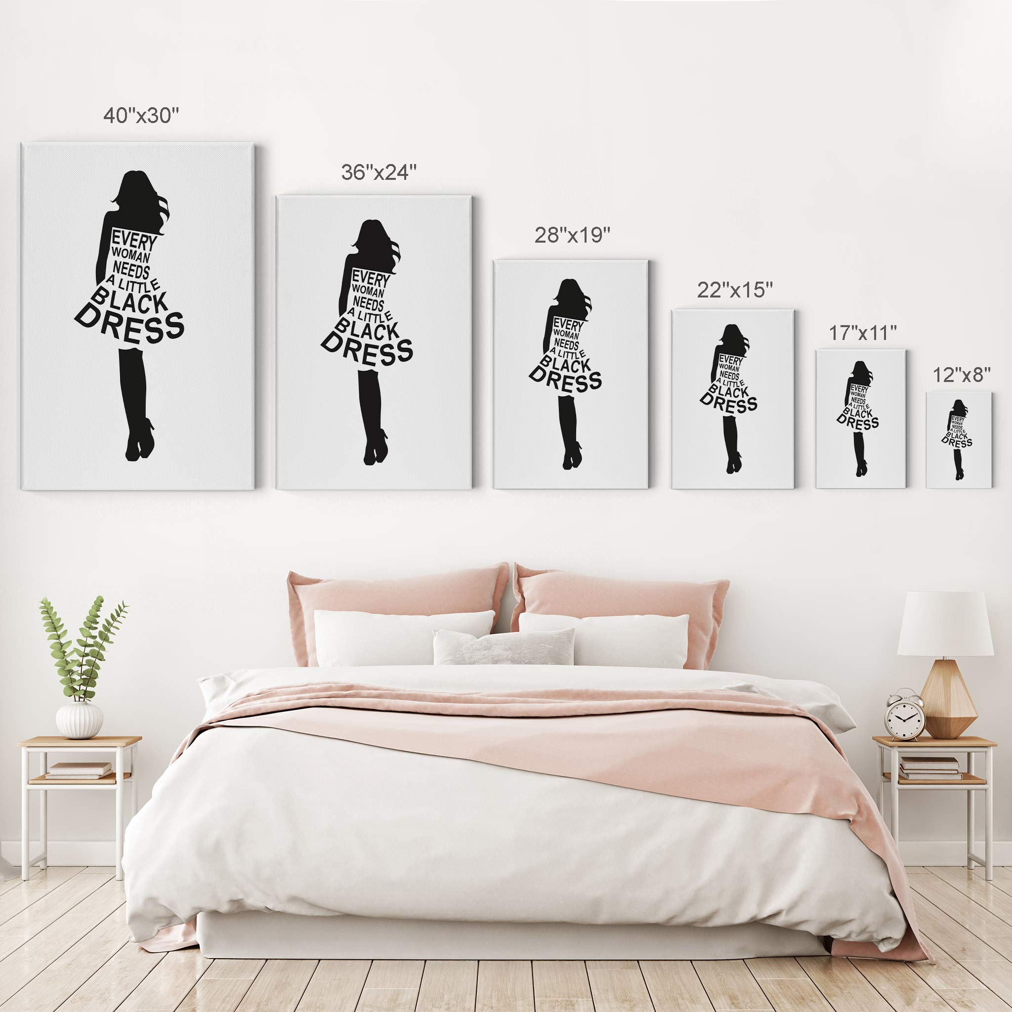 Every Woman Needs a Little Black Dress - Black & White Typography Glam Fashion Canvas Wall Art - Ready to Hang 36x24 - Perfect for Girls Room, Women's Dorm, Bedroom & Living Room Decor