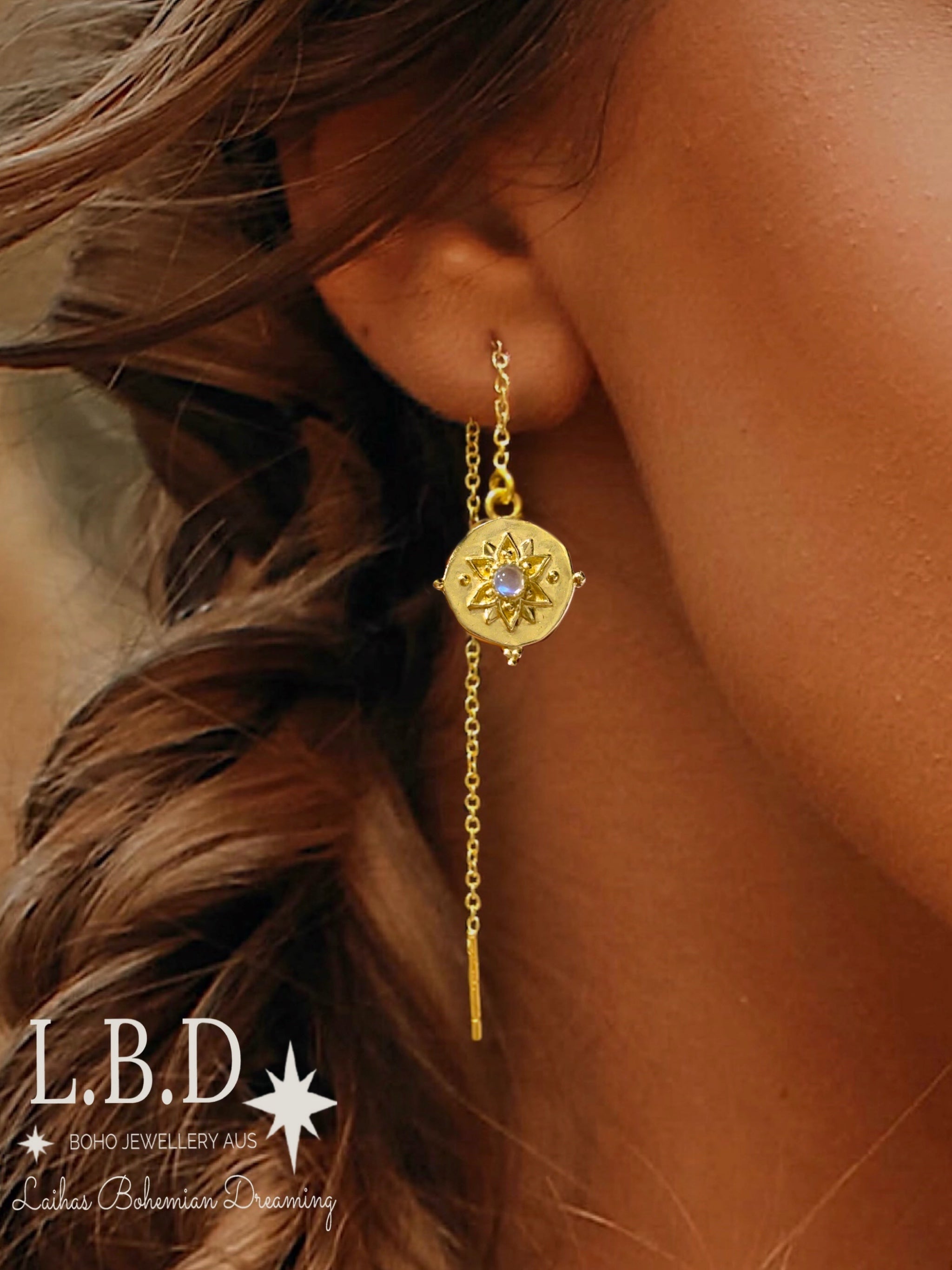 Vera May Threader Style Gold Moonstone Earrings for Women – Dainty Boho Jewelry for Everyday Wear & Special Occasions