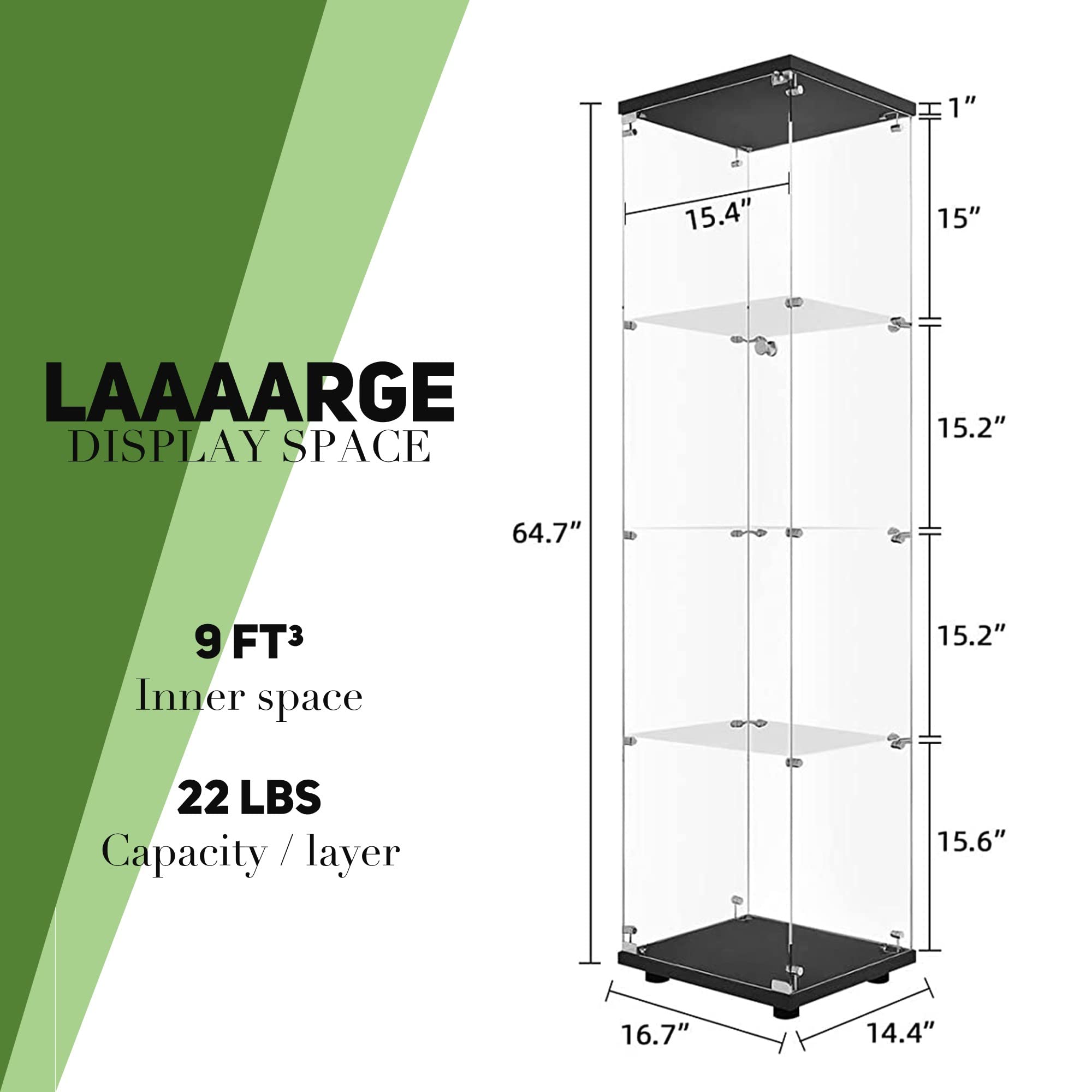 Beauty4U 4-Shelf Glass Display Cabinet - Black Floor Standing Curio Cabinet for Living Room, Bedroom & Office - Quick Assembly Glass Bookshelf - Perfect for Showcasing Collectibles, Books & Home Decor