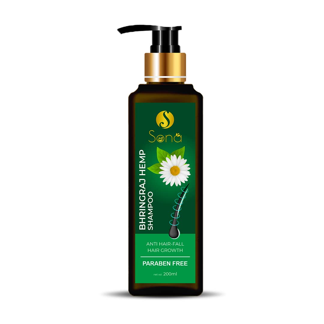 SONA Bhringraj Hemp Shampoo with Bhringraj Oil, Hemp Seed Oil & Vitamin E - Paraben Free Hair Care for Dry, Damaged Hair - Promotes Hair Growth & Scalp Health - Perfect for Daily Use & Natural Hair Treatment