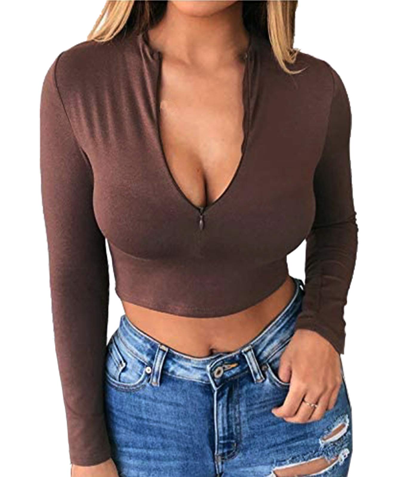 Artfish Women's Long Sleeve Quarter Zip Fleece Lined Crop Top - Soft V-Neck Fitted Shirt for Winter, Yoga, Running & Casual Outfits