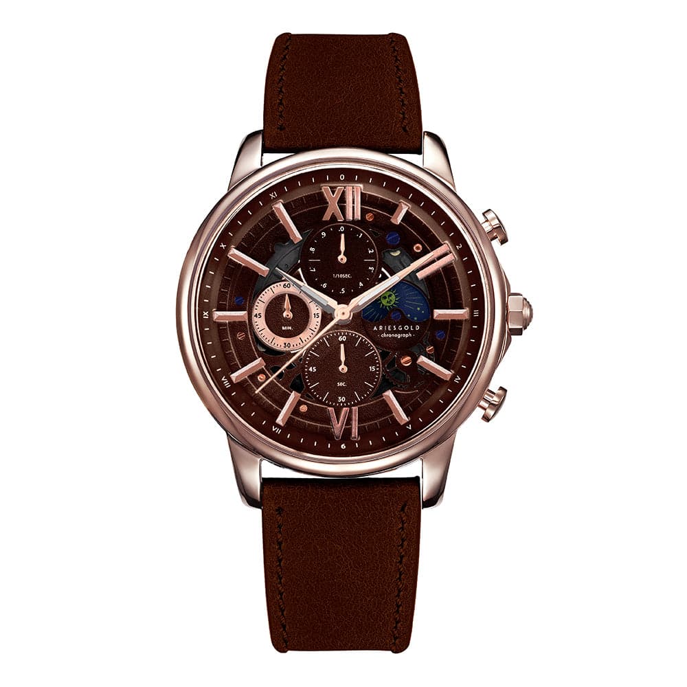 ARIES GOLD BELFAST MOON G 7013 RG CF Men's Genuine Leather Watch - Luxury Dress Watch for Business, Formal Events & Gifts