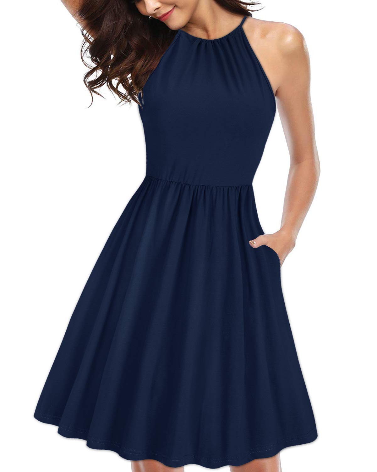 KILIG Women's Halter Neck Sundress - Sleeveless Summer Beach Dress with Pockets | Casual Flowy Dress for Vacation, Pool Party & Outdoor Activities