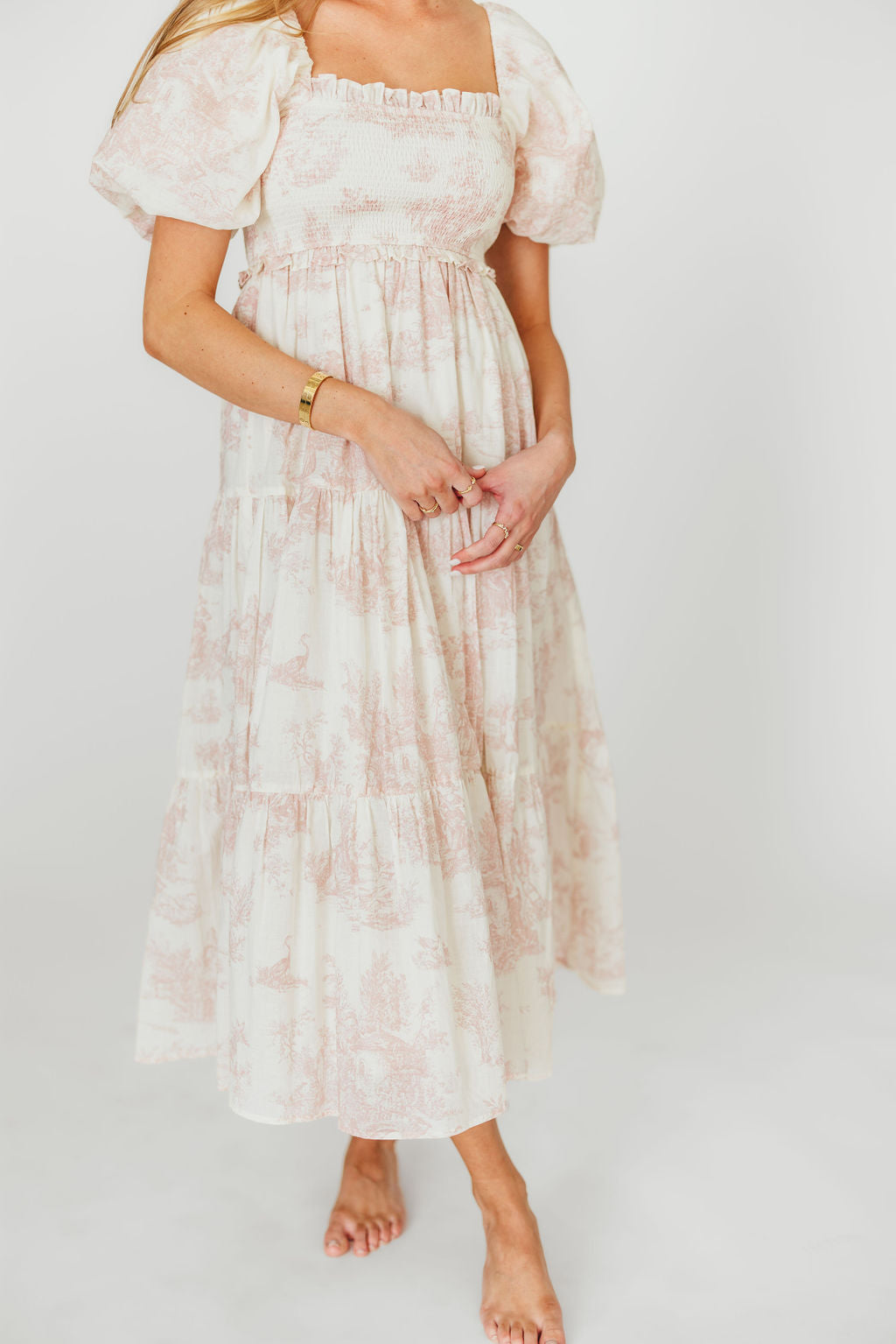 Elena 100% Cotton Toile Print Smocked Midi Dress - Bump Friendly Maternity Dress in Pink | Perfect for Baby Showers, Summer Weddings & Casual Outings *PRE ORDER*