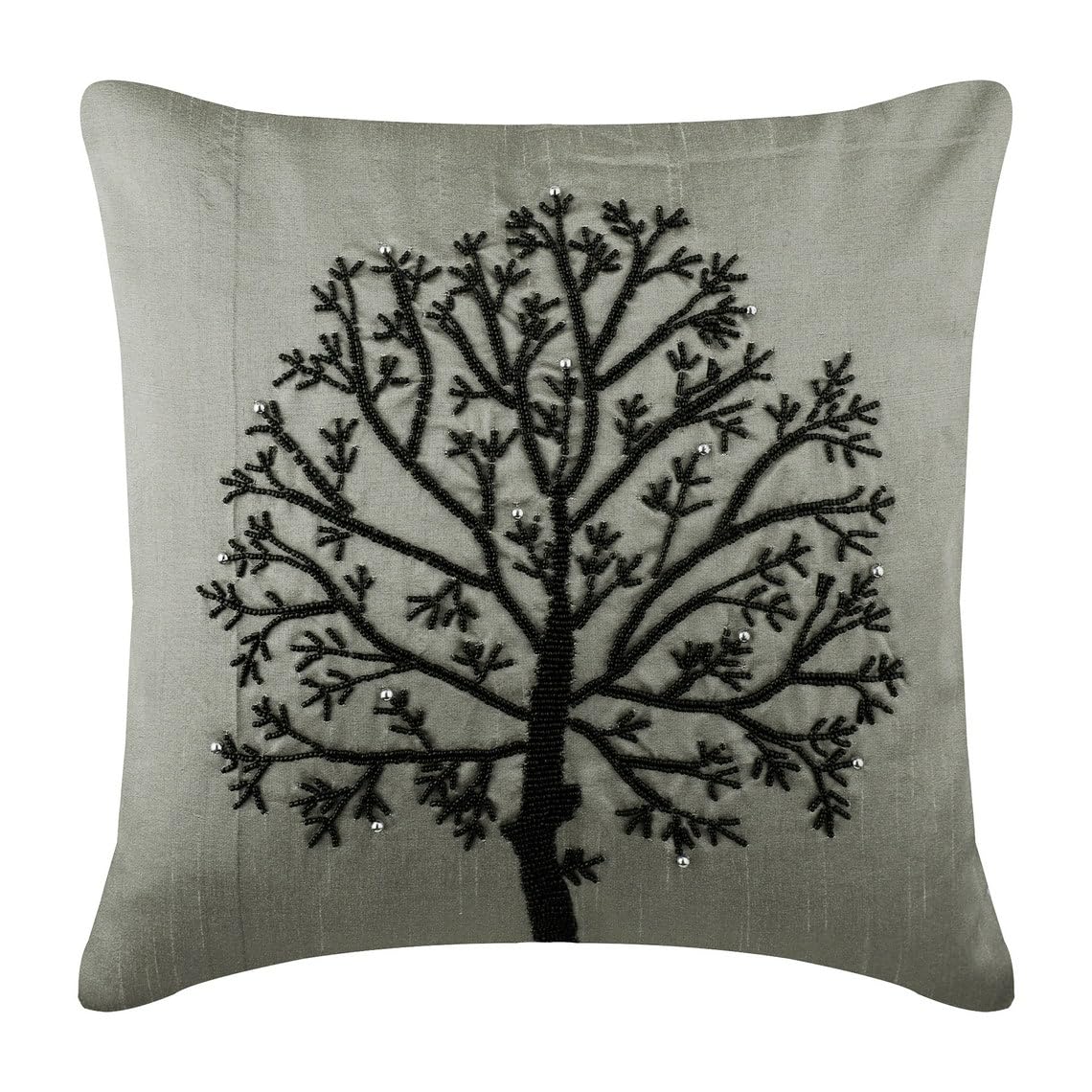 Silver Tree of Life Beaded Throw Pillow Cover 14x14 Inch - Zippered Square Silk Pillowcase for Sofa, Bed, Couch Decor - Floral Easter Home Decor Gift Idea