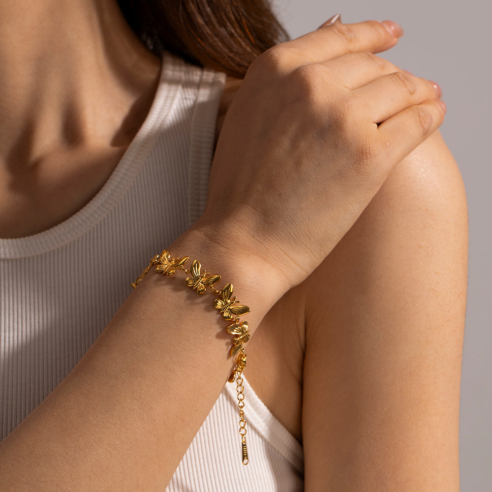 18K Gold Plated Stainless Steel Butterfly Bracelet for Women - Water Resistant & Hypoallergenic Jewelry Gift - Perfect for Date Night, Wedding & Everyday Wear