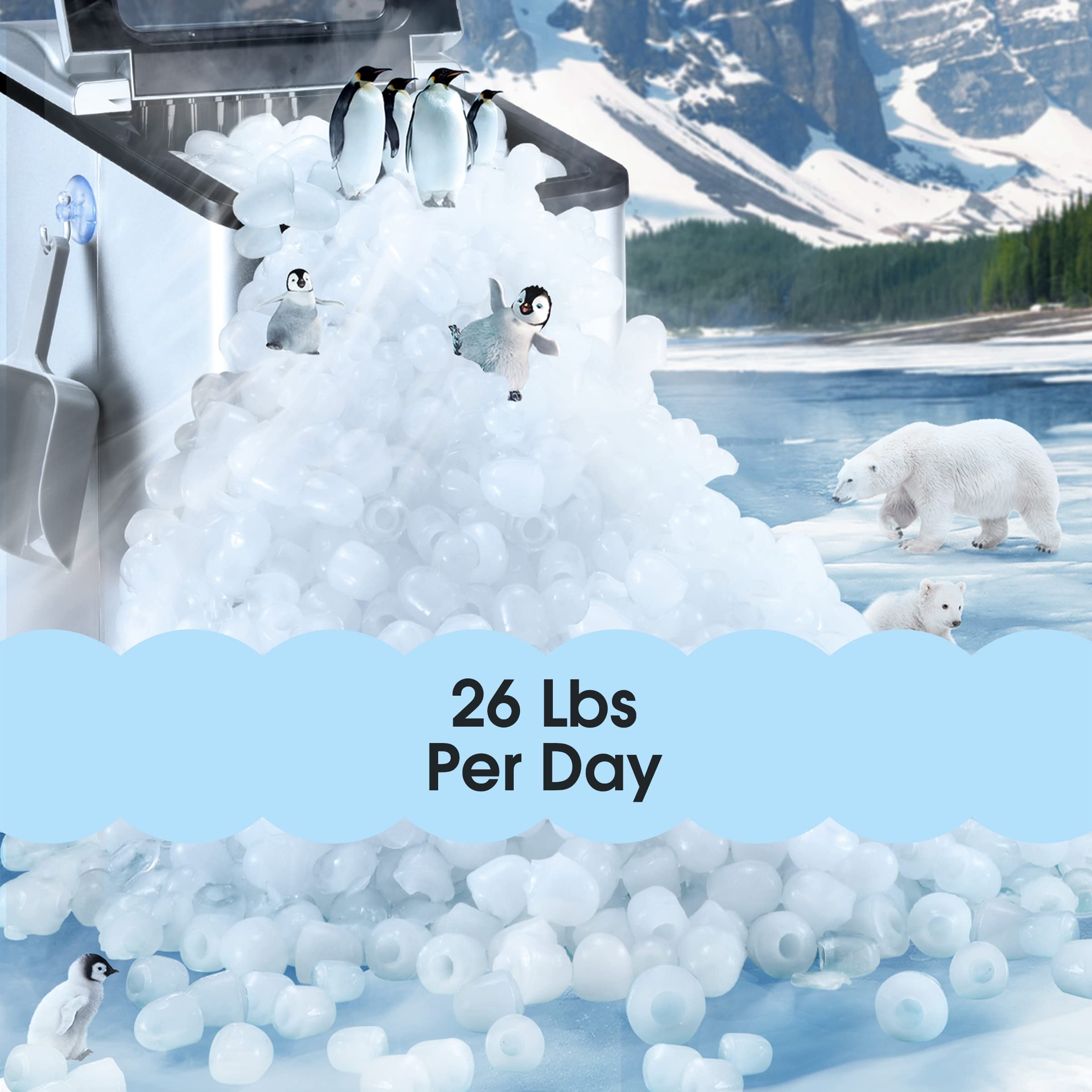 26Lbs Portable Ice Maker Machine - Compact Countertop Self-Cleaning Ice Maker with 6-Minute Fast Freeze, 9 Cubes per Batch, 2 Ice Size Options - Perfect for Home, Office, Parties, Camping & RV Use (Silver)