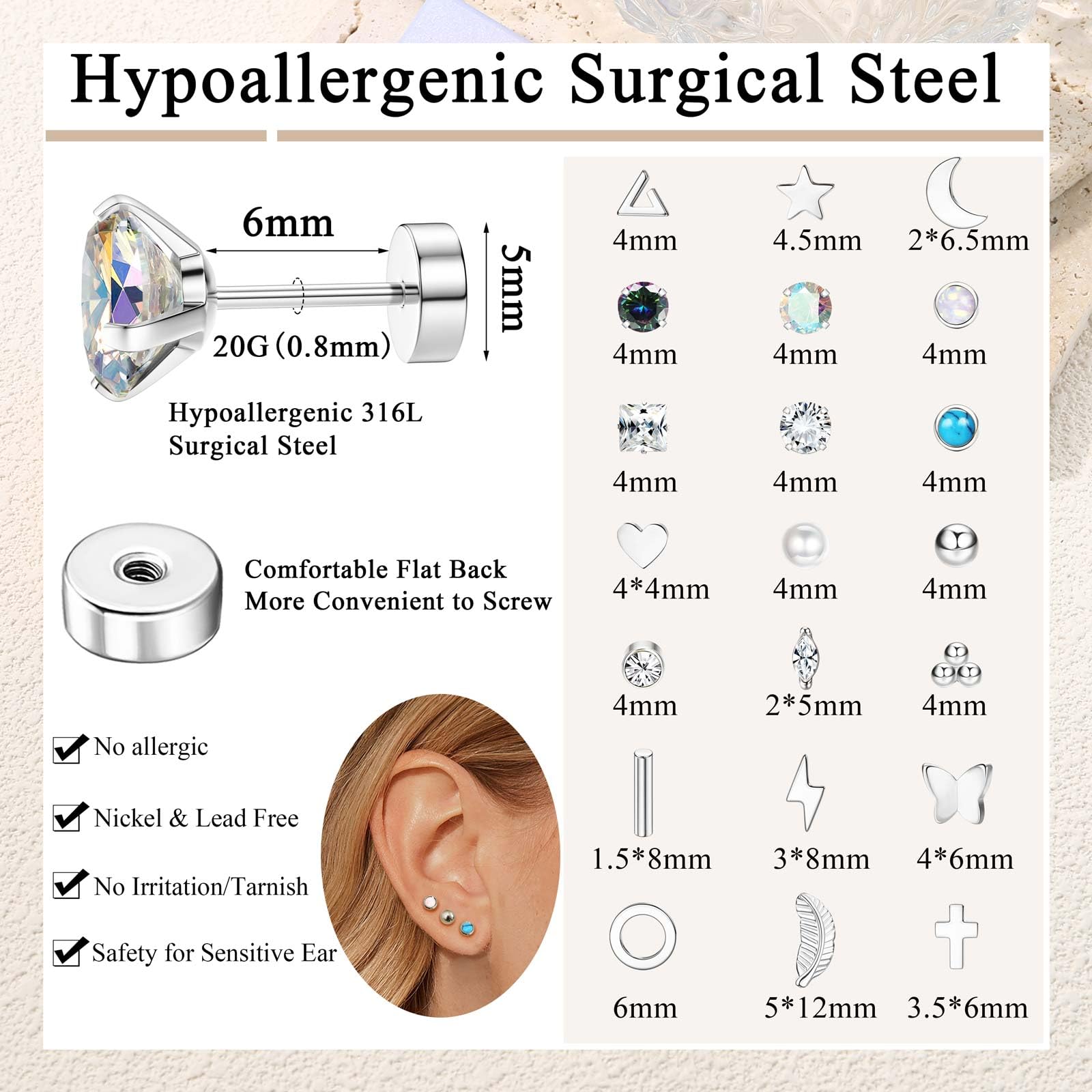 Jstyle 21 Pairs Hypoallergenic Surgical Stainless Steel Flat Back Stud Earrings for Women & Men - Sensitive Ears, Cartilage Piercing, Small Stackable Screw Back Earrings Set | Perfect for Daily Wear, Gift Giving & Ear Piercing Healing