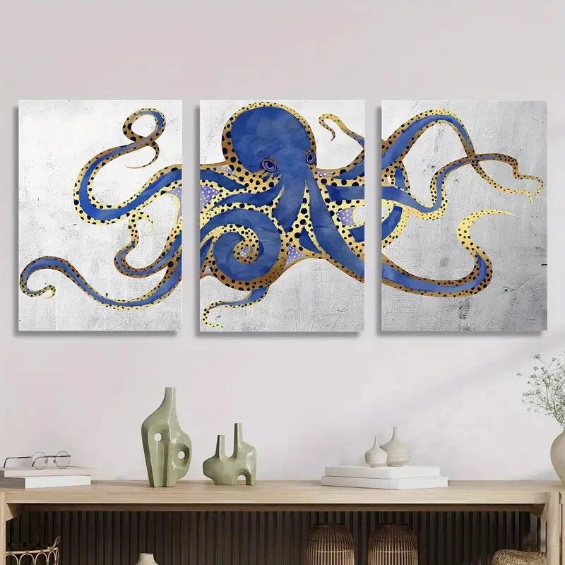 3-Piece Navy, Gold, Blue & Gray Abstract Octopus Metal Wall Art - Ready to Hang | Modern Ocean Theme Decor for Living Room, Bedroom or Office