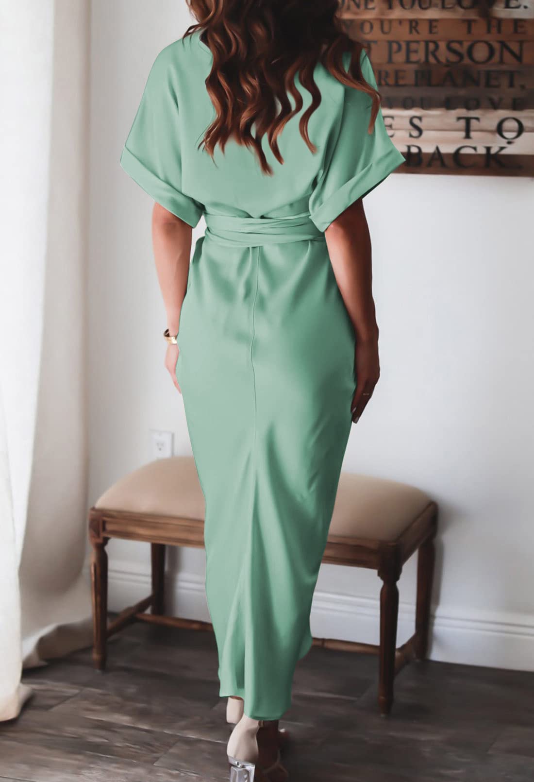 Elegant Women's Satin Button Down Short Sleeve Maxi Shirt Dress with Belt - Perfect for Summer Outfits, Beach Cover Ups & Casual Office Wear