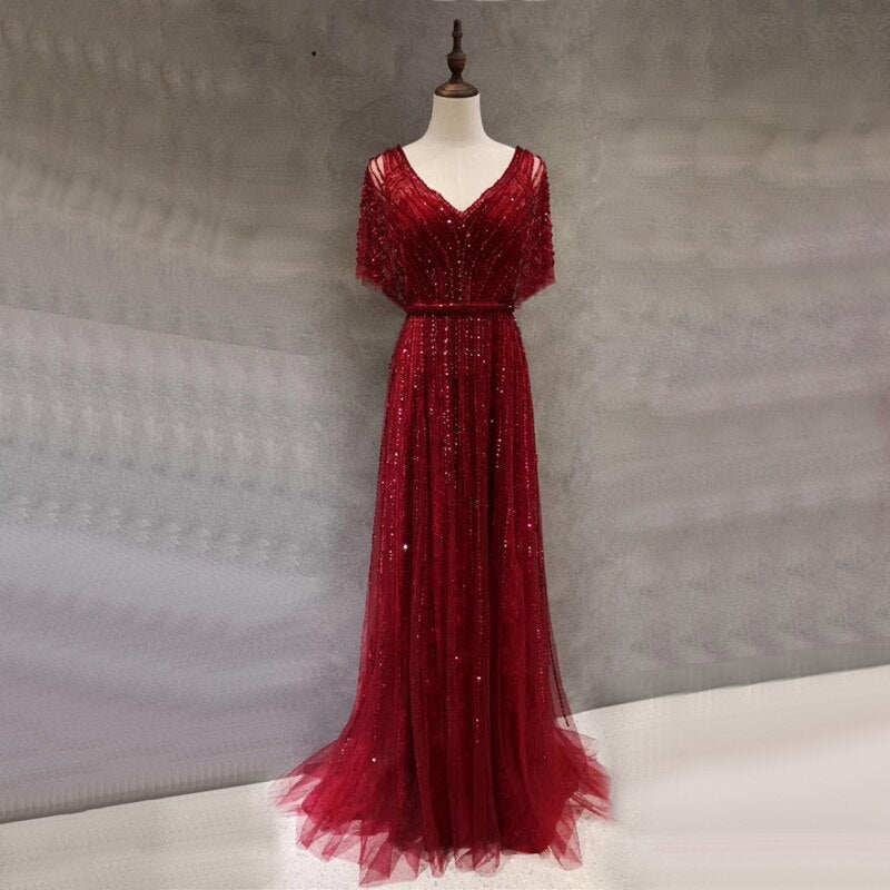 Luxury Dubai Red A-Line Evening Dress with Beading & Crystal Details - Sexy Formal Gown for Women 2025 - Half Sleeves Elegant Party Dress - Perfect for Prom, Gala, Wedding & Special Occasions