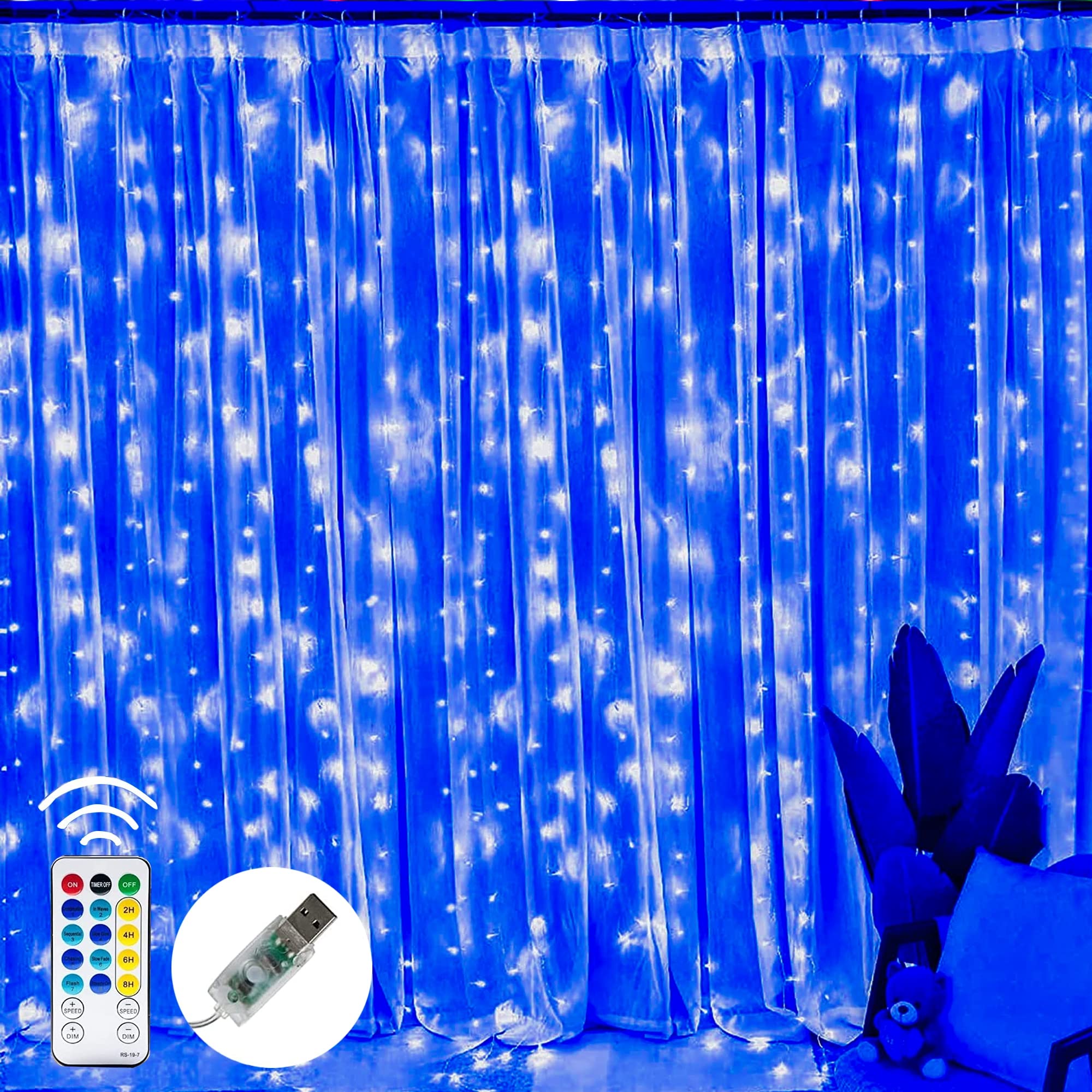 Dazzle Bright 300 LED Curtain String Lights - 9.8ft x 9.8ft USB Powered Waterproof Fairy Lights with 8 Lighting Modes for Christmas, Wedding, Party, Outdoor & Indoor Wall Decor (Blue) - Perfect for Bedroom, Garden, Patio and Holiday Decorations