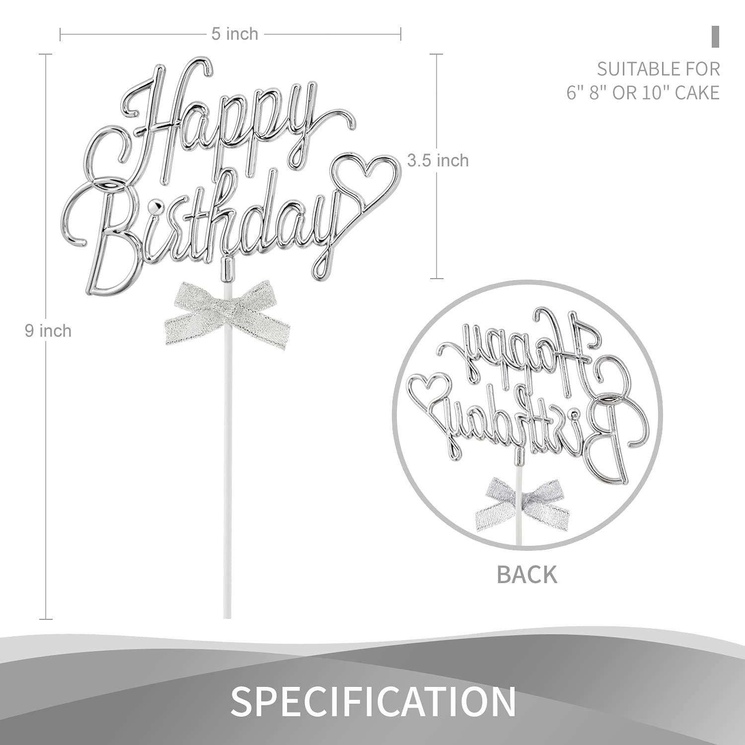 3D Silver Happy Birthday Cake Topper - Double Sided Cursive Sign with Bow for Birthday Cake Decoration | Perfect for Birthday Parties, Photo Booths & Celebrations (SILVER)