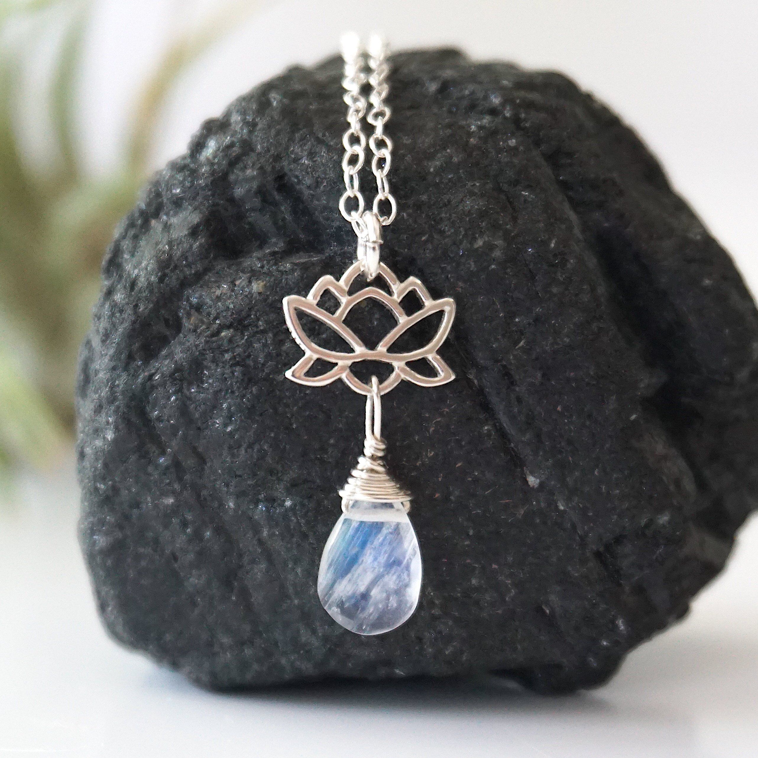 Rainbow Moonstone Sterling Silver Lotus Charm Drop Necklace - Elegant Boho Jewelry for Women, Perfect for Weddings, Parties & Everyday Wear