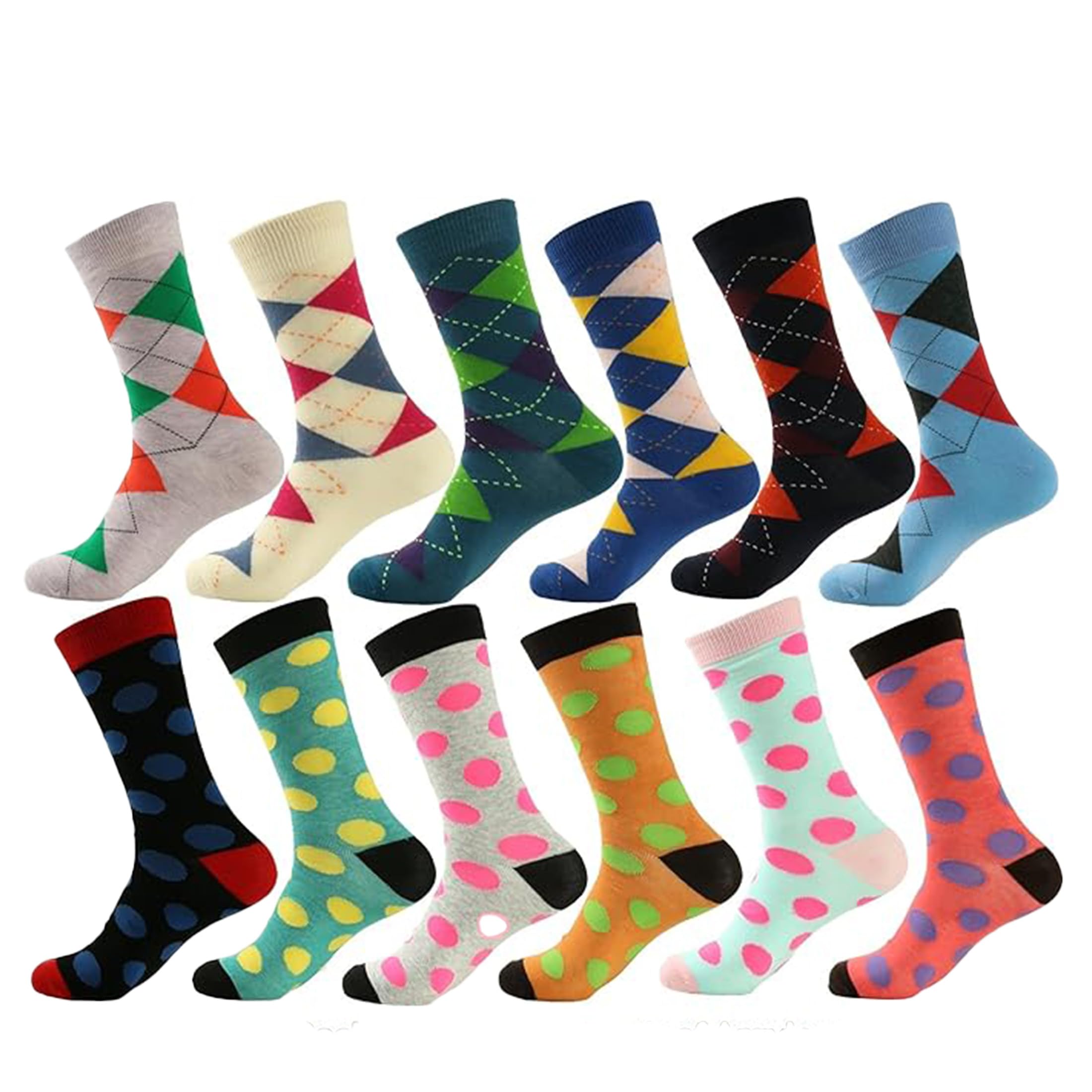 Premium Men's Designer Dress Socks 12-Pack - Classic Argyle & Polka Dot Patterns for Business, Formal & Wedding Attire - Comfortable & Stylish Office & Dress Socks for Men