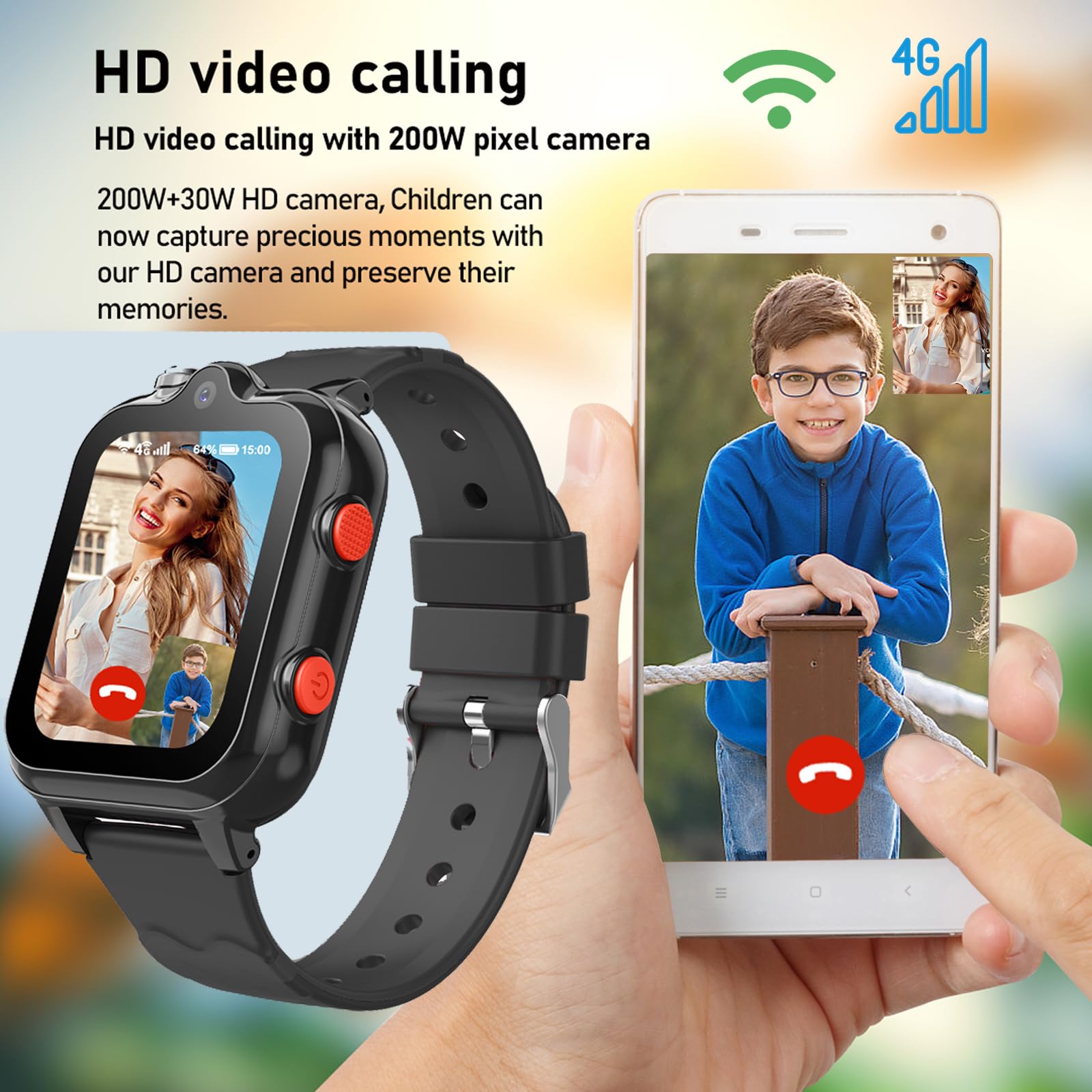 **4G Kids Smart Watch with Phone Calling & Text Messaging - WiFi, Video Chat, Bluetooth, Pedometer, Alarm - Waterproof Wrist Watch for Boys & Girls Ages 4-16 - Perfect Birthday Gift for School, Outdoor & Safety Tracking**