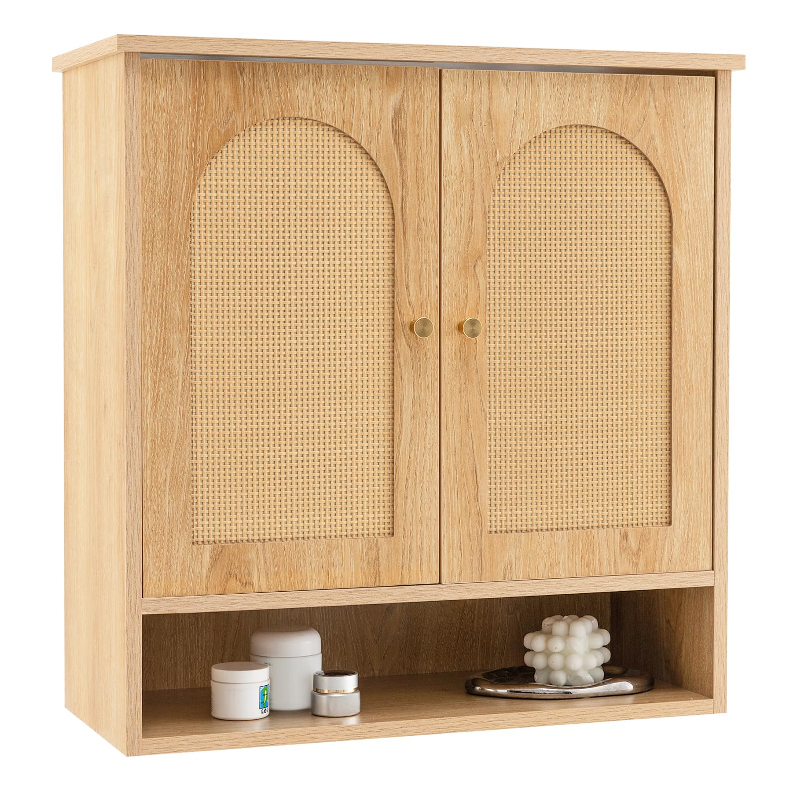Tangkula Wall Mounted Medicine Cabinet with 2 Rattan Doors - Bathroom Storage Over Toilet, Hanging Cabinet for Laundry Room, Kitchen & Entryway (Natural Finish, Open Back) - Perfect for Small Spaces & Organizing Essentials