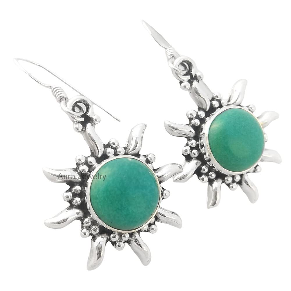 925 Sterling Silver Dangle Earrings for Women - Genuine Turquoise December Birthstone, Bezel Set Round Green Gemstone Hypoallergenic Jewelry | Trendy Gift for Christmas, Birthday & Special Occasions