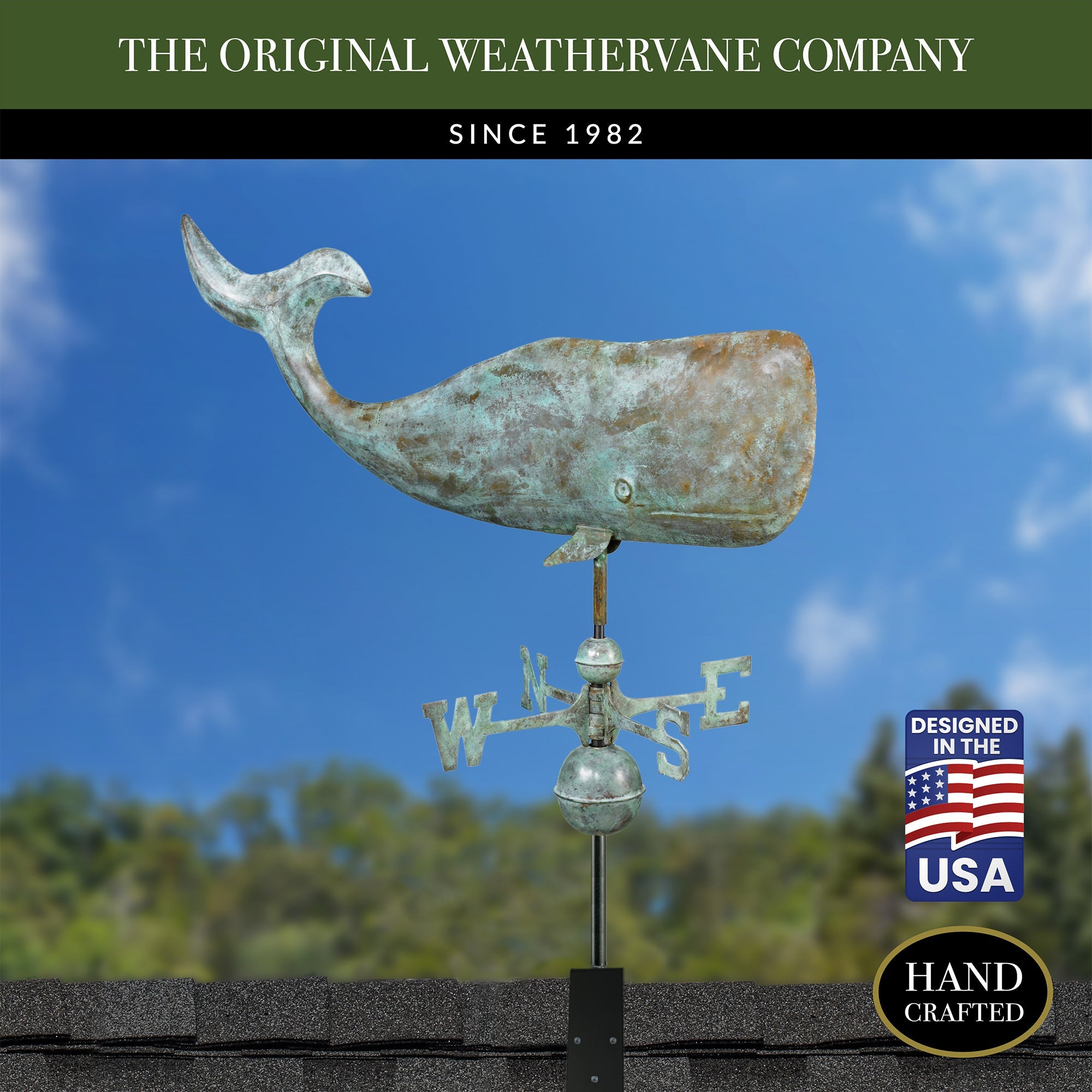 Large 37-Inch Whale Weather Vane for Outdoor Garden Decoration - Rustproof Metal Roof Mount Weathervane for Yard, Farmhouse, or Coastal Home Decor