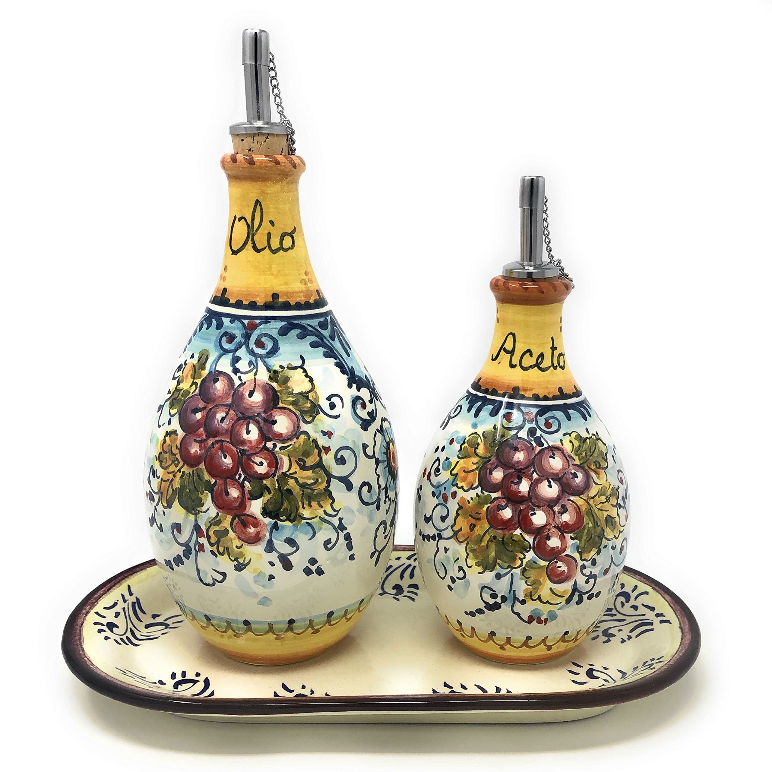 Italian Hand-Painted Ceramic Oil & Vinegar Cruet Set - Tuscan Grape Design from Montalcino, Italy | Perfect for Kitchen Decor, Gourmet Cooking & Italian-Themed Dinner Parties