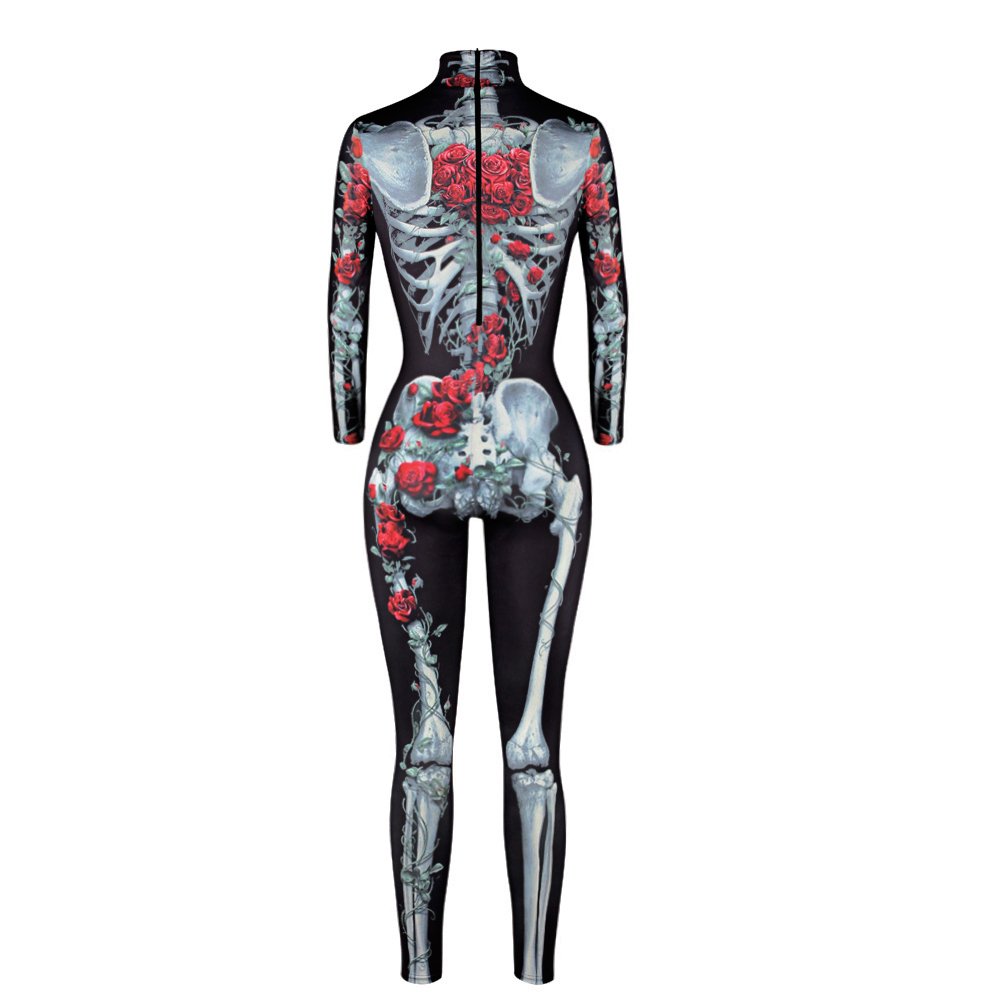 Women's Halloween Skeleton Jumpsuit - Scary Skull Print Bodysuit Costume | Sexy Skinny Catsuit for Halloween Party, Cosplay & Nightclub Outfits