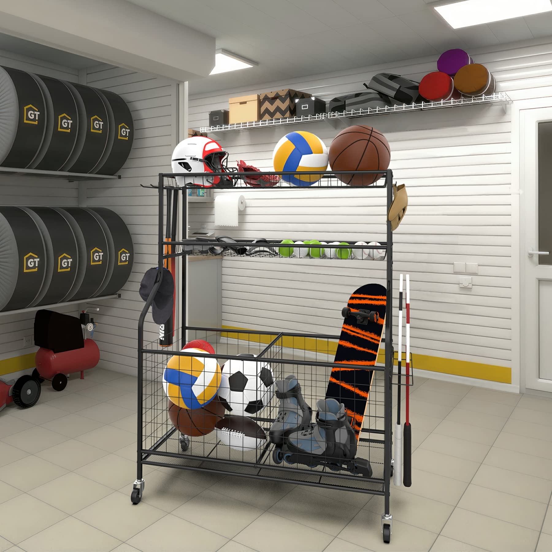 Garage Ball & Sports Equipment Organizer - Heavy Duty Rolling Ball Cart with Storage Baskets for Indoor/Outdoor Use - Perfect for Kids' Toys, Basketballs, Soccer Balls & Playroom Organization