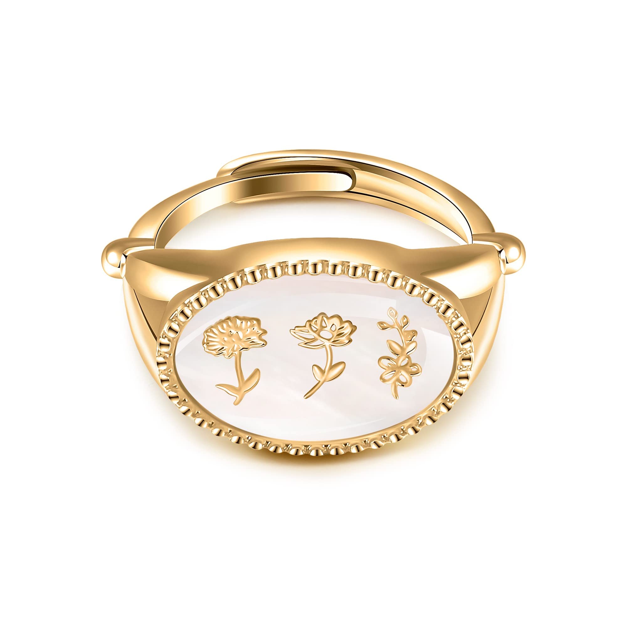 14K Gold Chunky Birth Flower Ring Adjustable for Women - Personalized Engraved Signet Ring, Unique Birthday Gift for Mom, Sister, Teen Girls | Perfect for Mother's Day, Anniversary, Graduation & Special Occasions