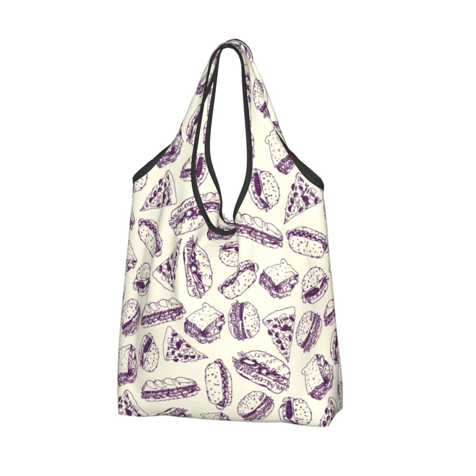Eco-Friendly Hand Drawn Fast Food Reusable Shopping Bags - Waterproof Grocery Tote with Large Capacity, Foldable & Durable for Supermarket, Farmers Market & Picnic Use